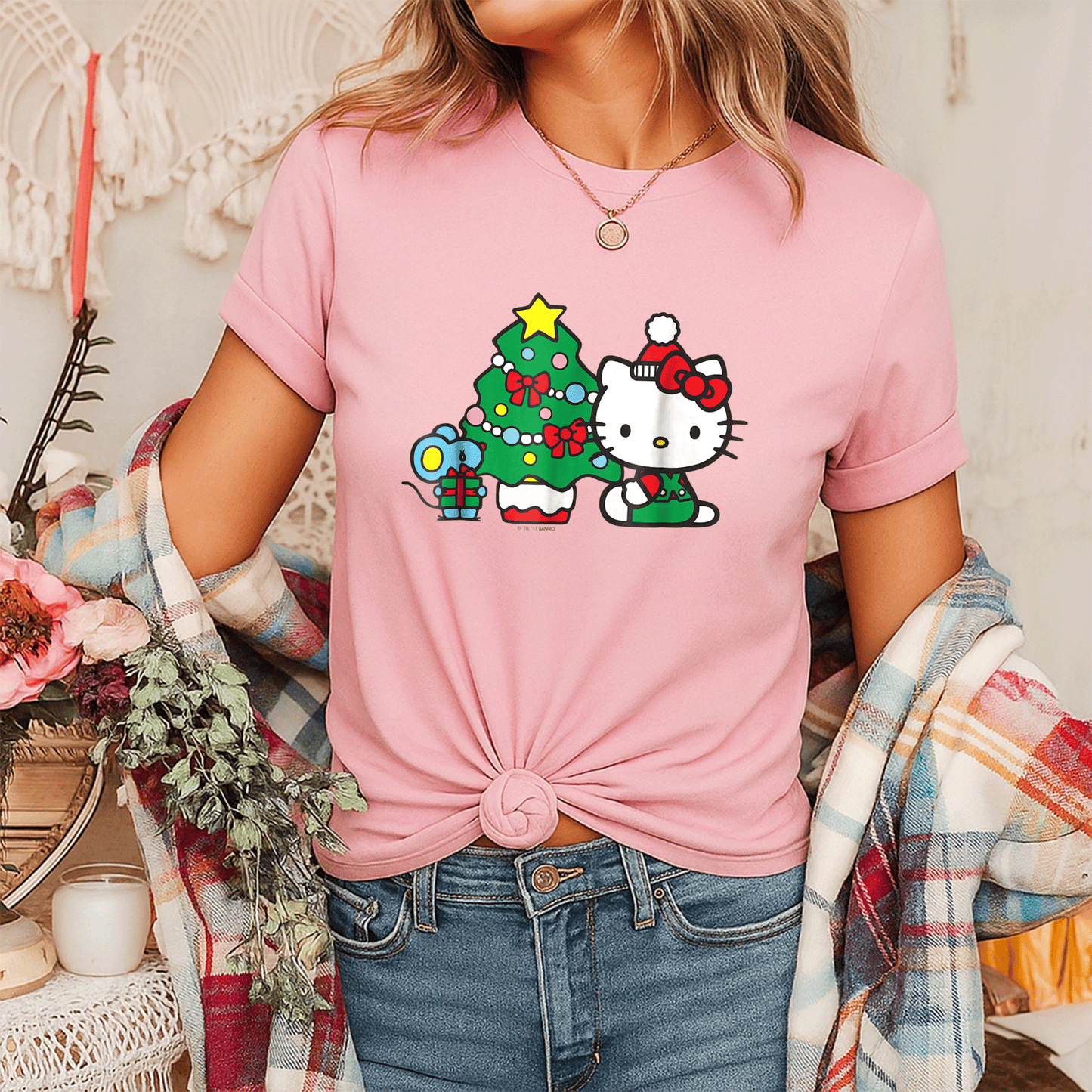 Cute Hello Kitty Christmas Tree Tee Shirt Festive Holiday Apparel for Kids and Adults - Perfect for Family Celebrations - 7