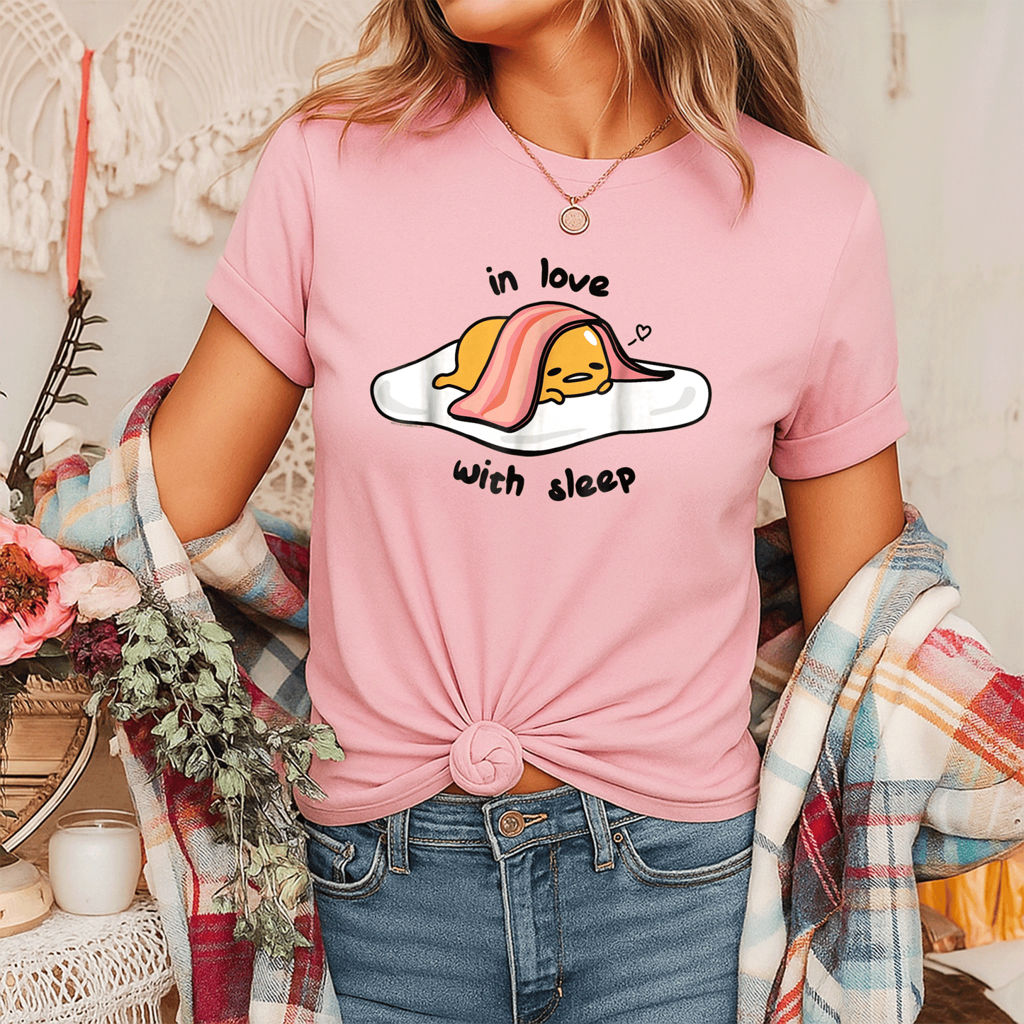 Cute Gudetama In Love with Sleep Tee Shirt - Adorable Lazy Egg Graphic Tee for Fans of Kawaii and Cozy Style - 7