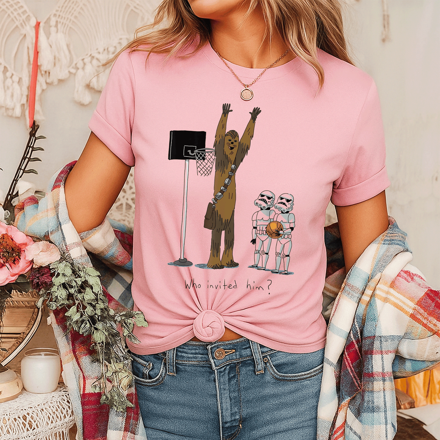 Star Wars Chewbacca Basketball Who Invited Him T-Shirt Fun Graphic Tee for Fans of Chewy and Sports Enthusiasts - 7