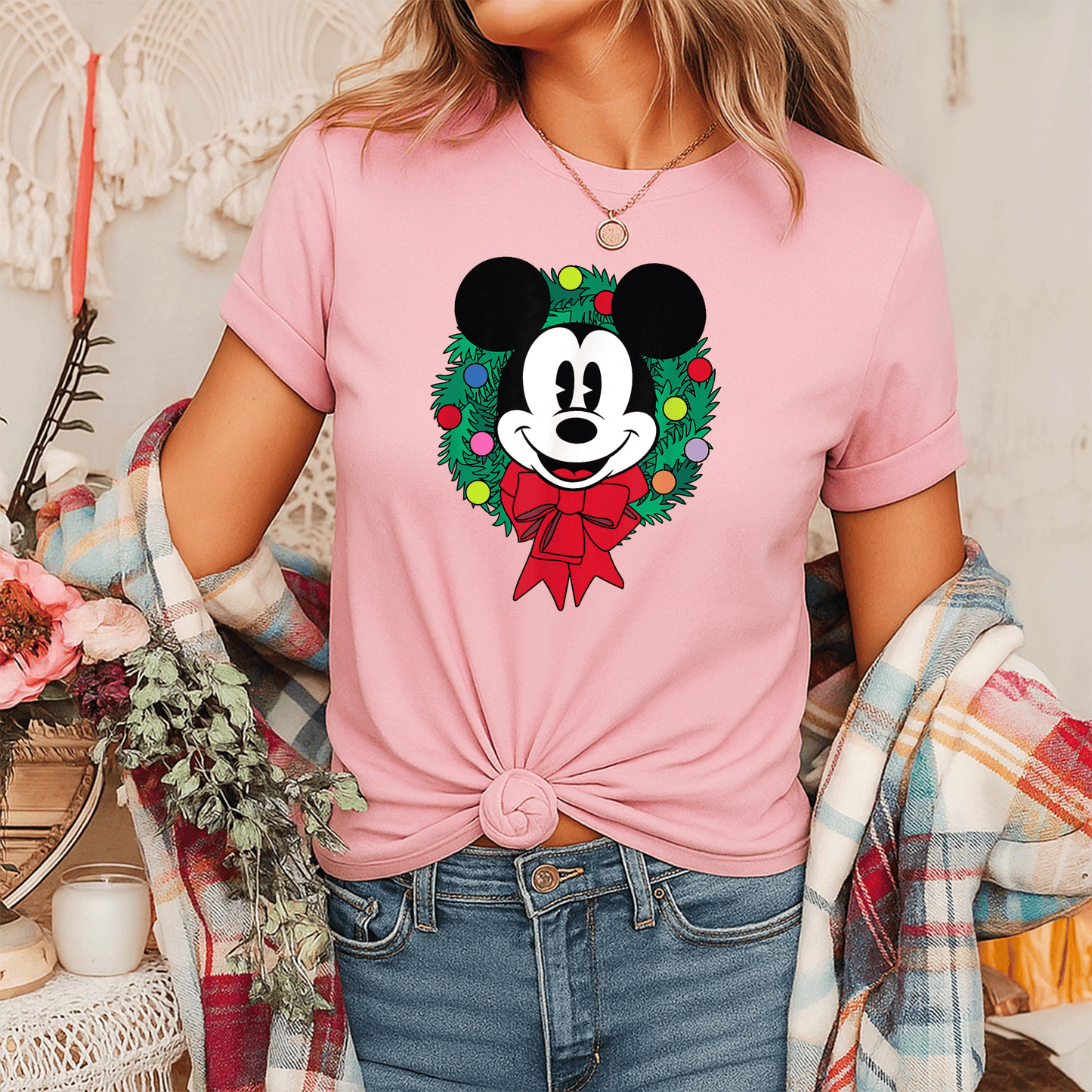 Cozy Up with Amazon Essentials Mickey Mouse Festive Holiday Christmas Wreath T-Shirt Perfect for Celebrating the Season - 7