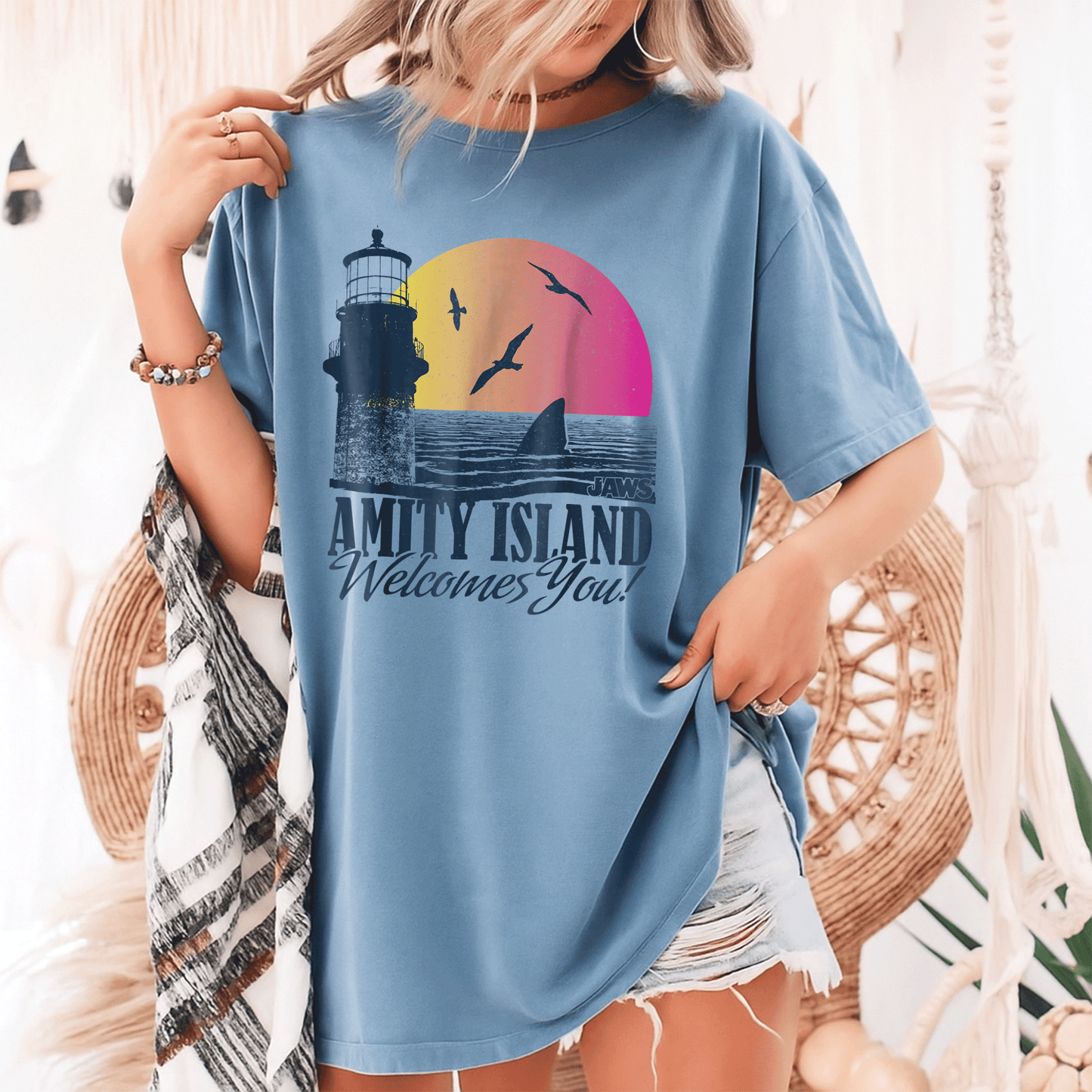 Jaws Sunset Amity Island Graphic T-Shirt Embrace the Beach Vibes in Style Perfect for Horror and Movie Fans - 9