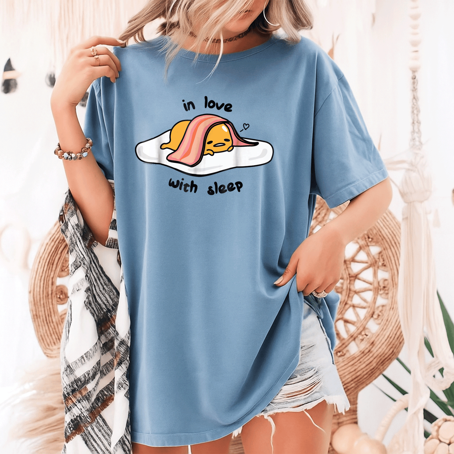Cute Gudetama In Love with Sleep Tee Shirt - Adorable Lazy Egg Graphic Tee for Fans of Kawaii and Cozy Style - 9