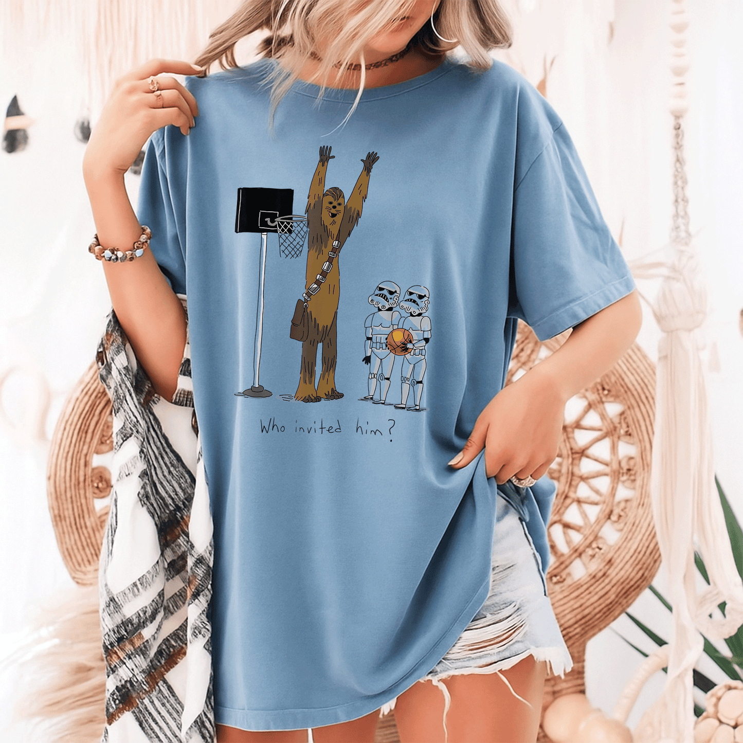 Star Wars Chewbacca Basketball Who Invited Him T-Shirt Fun Graphic Tee for Fans of Chewy and Sports Enthusiasts - 9