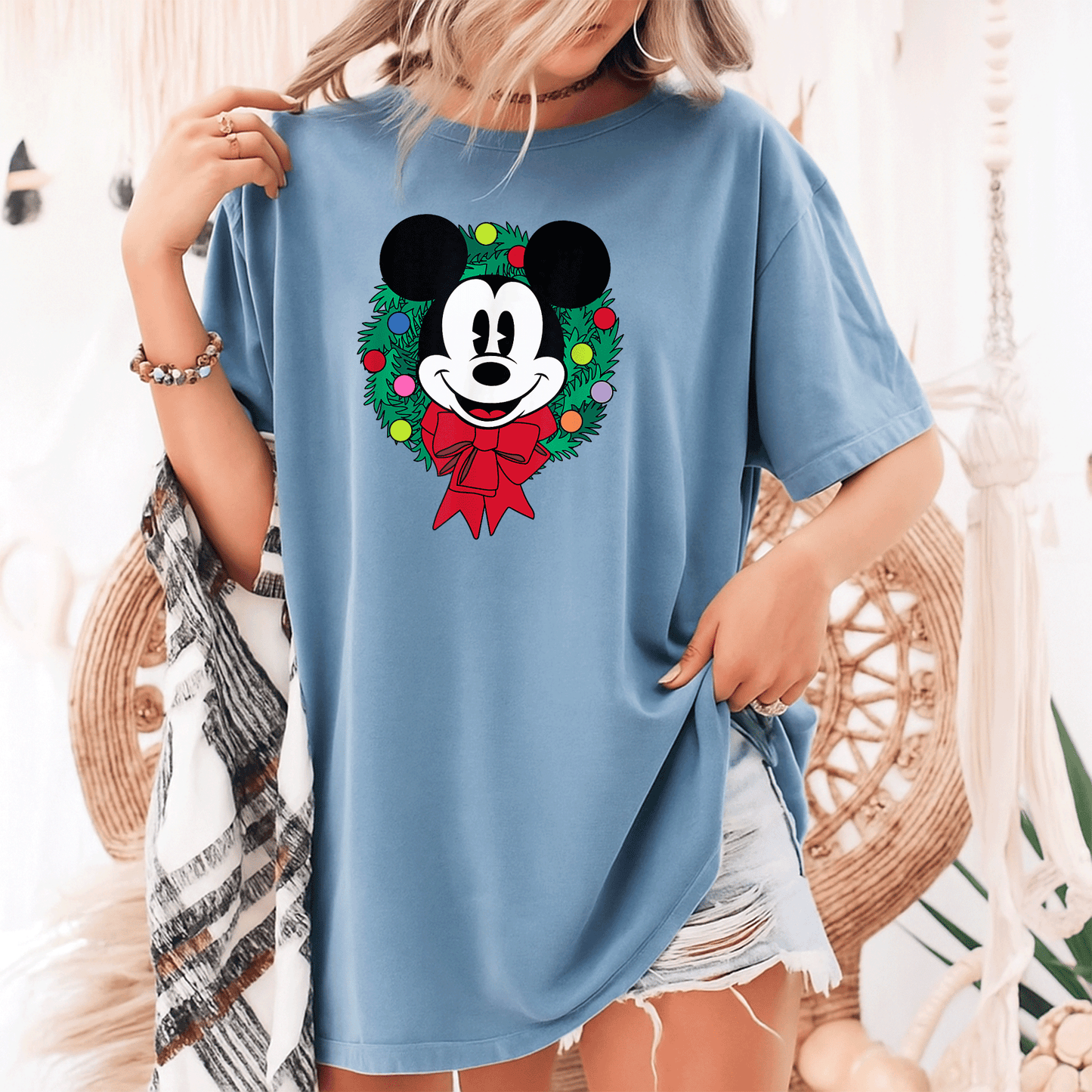 Cozy Up with Amazon Essentials Mickey Mouse Festive Holiday Christmas Wreath T-Shirt Perfect for Celebrating the Season - 9