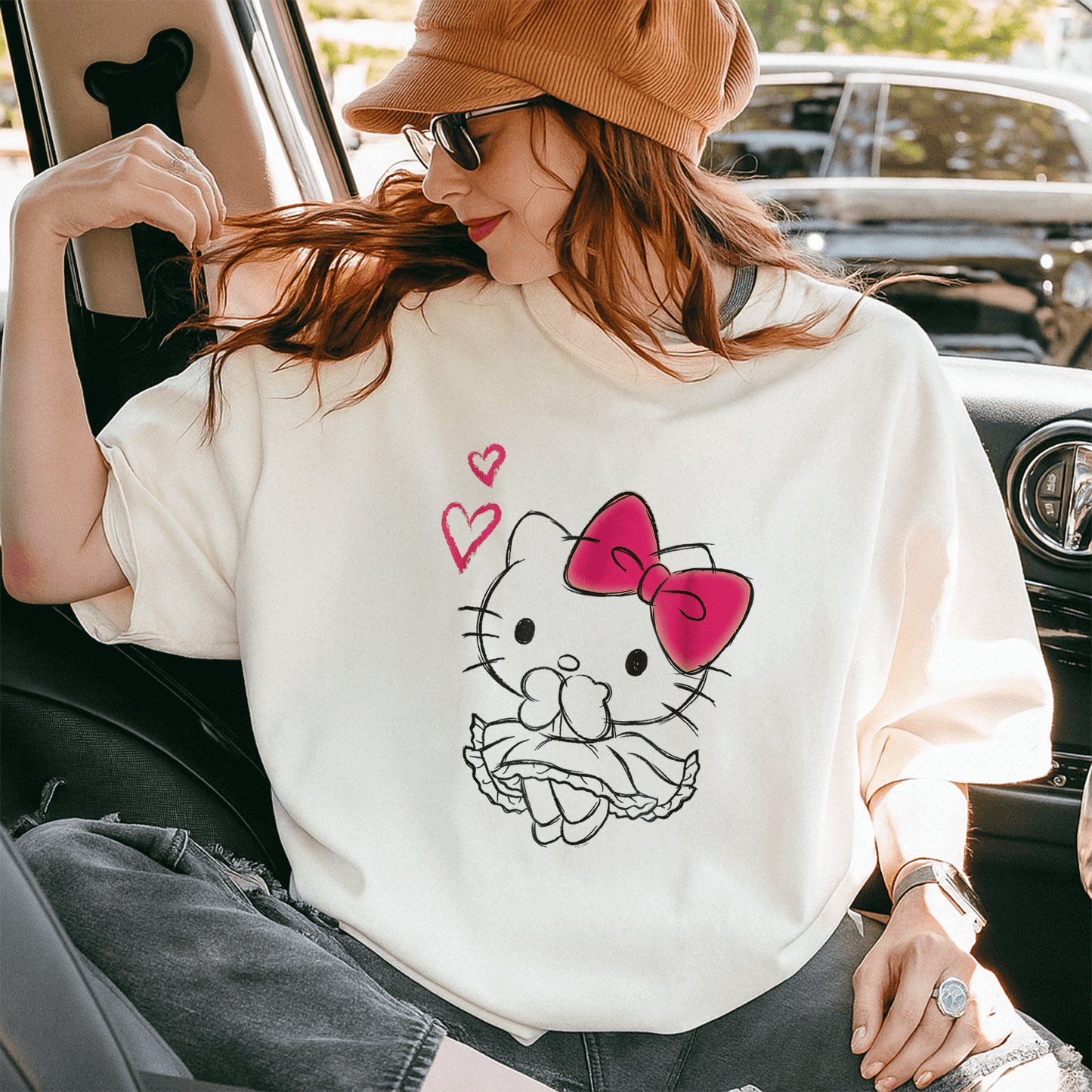 Cute Hello Kitty Girly Hearts Tee Shirt for Kids, Adorable Pink Graphic Design, Perfect Gift for Cat Lovers and Fashionistas - 10
