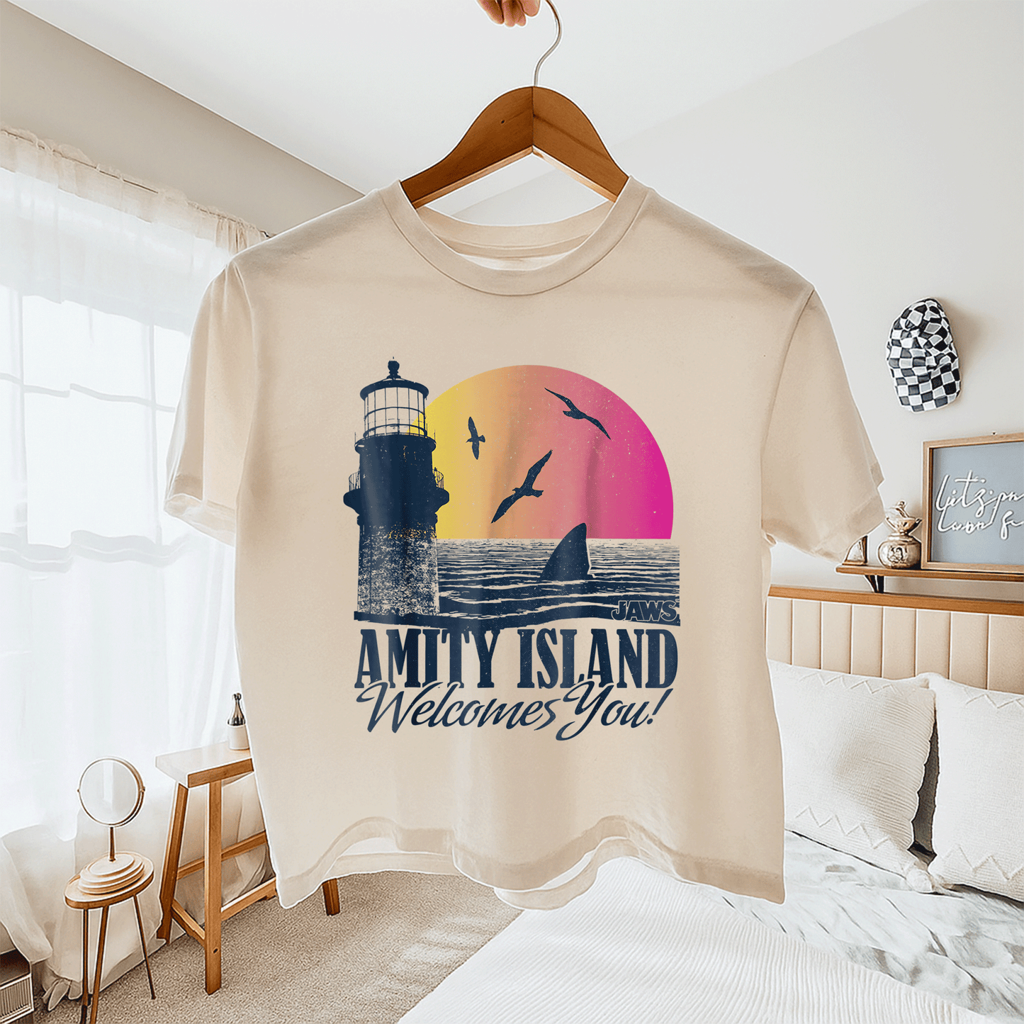 Jaws Sunset Amity Island Graphic T-Shirt Embrace the Beach Vibes in Style Perfect for Horror and Movie Fans - 11