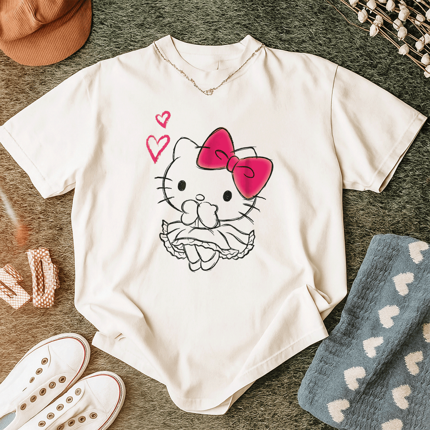 Cute Hello Kitty Girly Hearts Tee Shirt for Kids, Adorable Pink Graphic Design, Perfect Gift for Cat Lovers and Fashionistas - 12