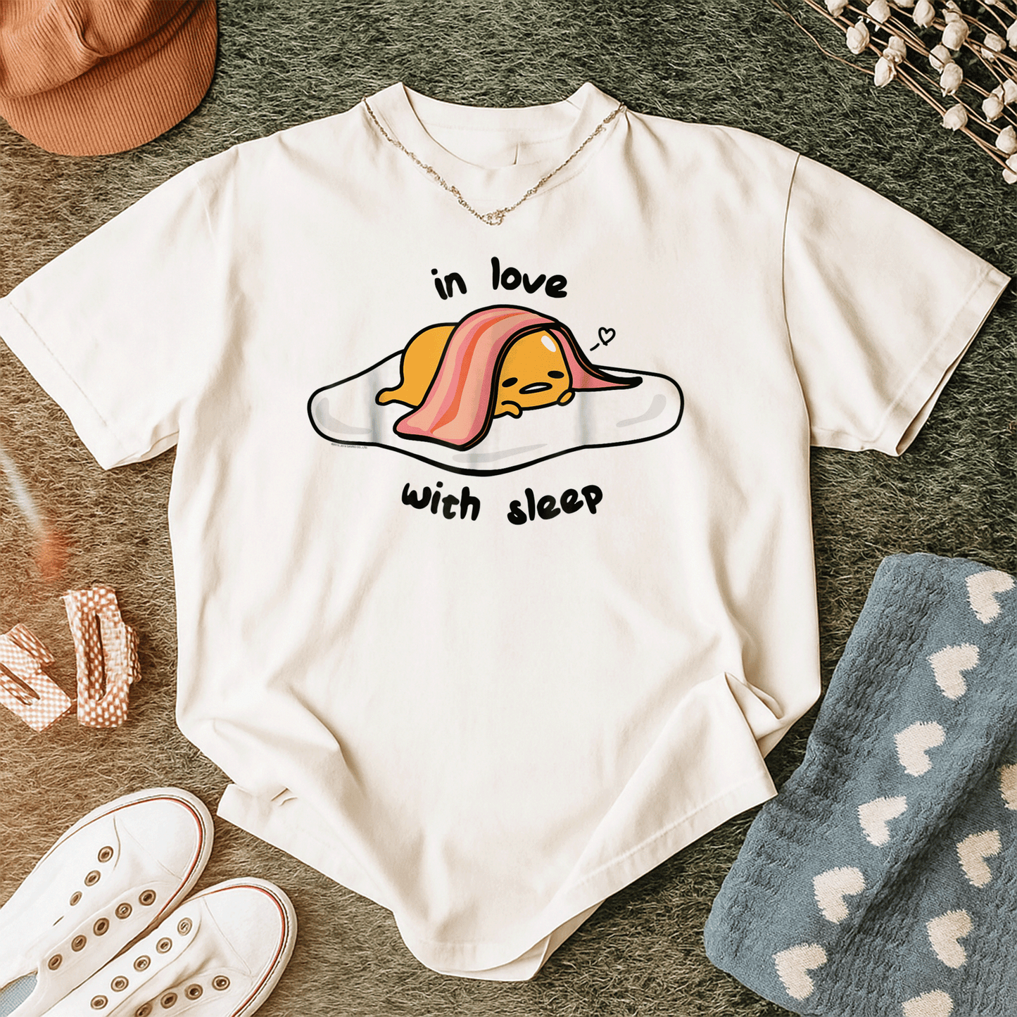 Cute Gudetama In Love with Sleep Tee Shirt - Adorable Lazy Egg Graphic Tee for Fans of Kawaii and Cozy Style - 12