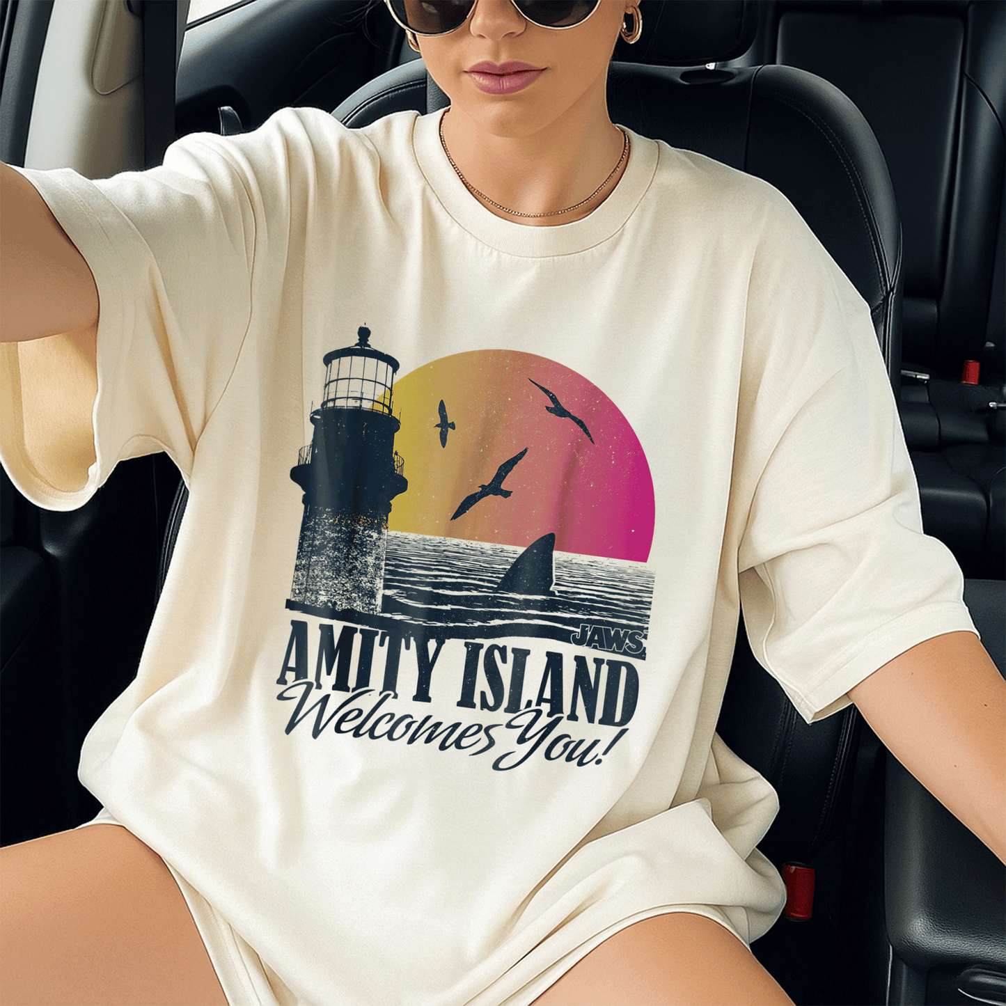 Jaws Sunset Amity Island Graphic T-Shirt Embrace the Beach Vibes in Style Perfect for Horror and Movie Fans - 13