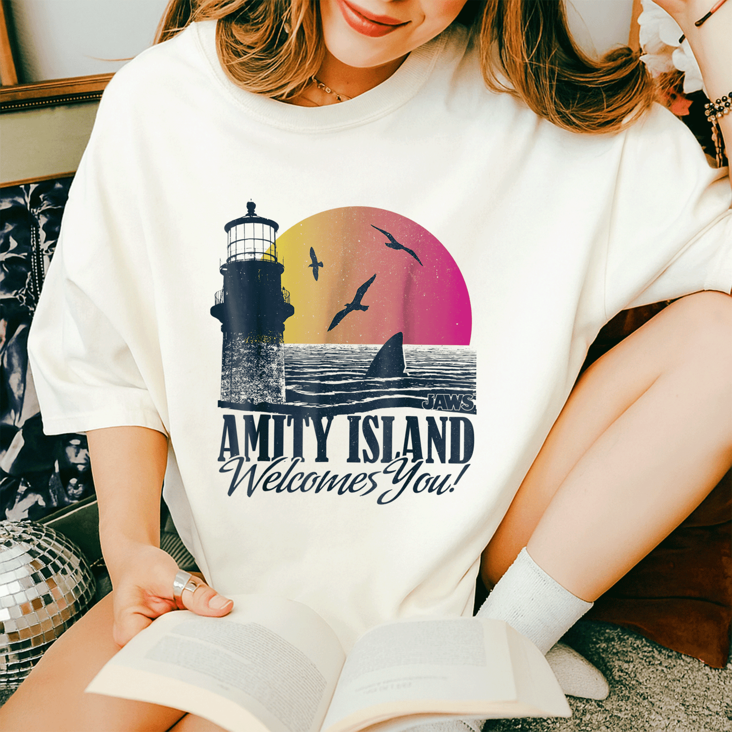 Jaws Sunset Amity Island Graphic T-Shirt Embrace the Beach Vibes in Style Perfect for Horror and Movie Fans - 14