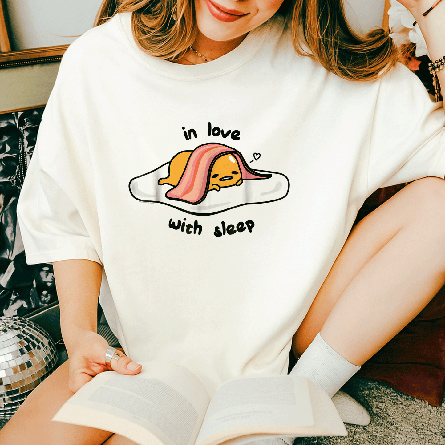 Cute Gudetama In Love with Sleep Tee Shirt - Adorable Lazy Egg Graphic Tee for Fans of Kawaii and Cozy Style - 14