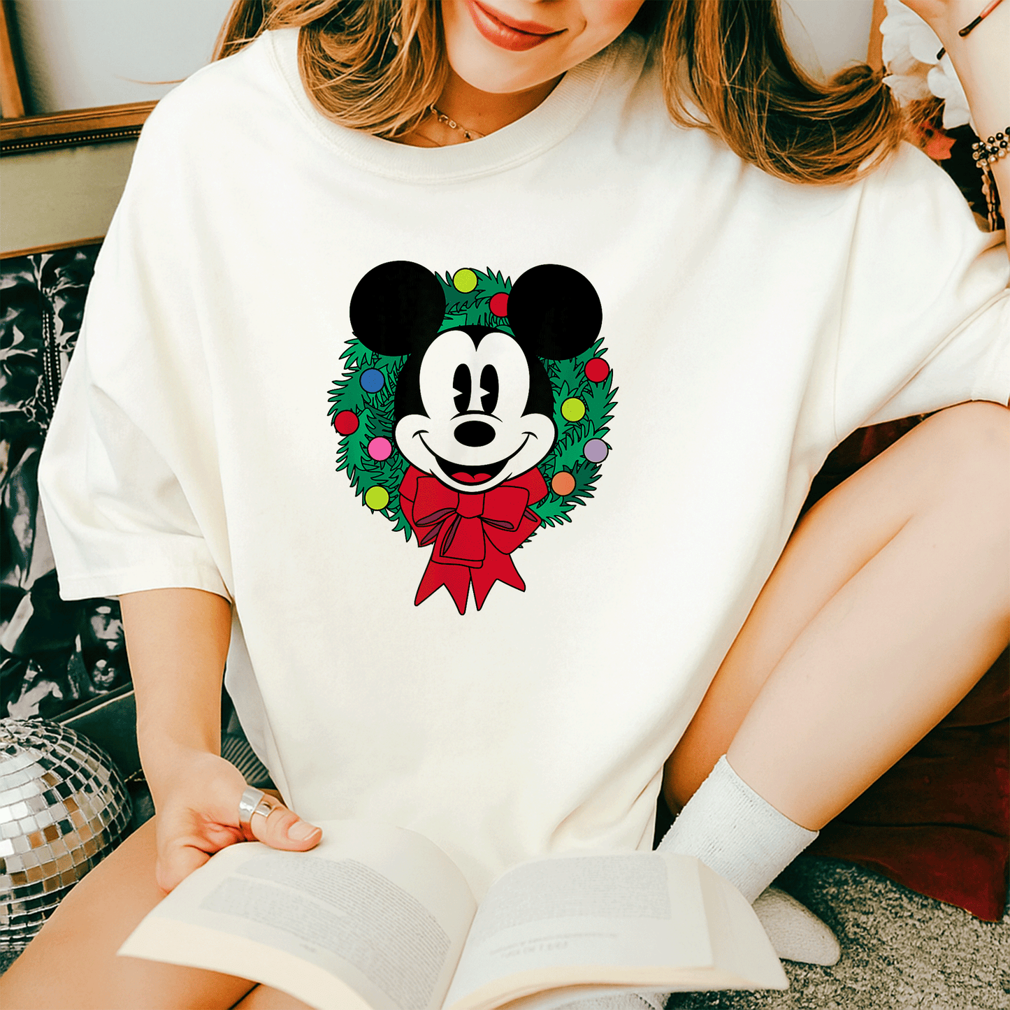 Cozy Up with Amazon Essentials Mickey Mouse Festive Holiday Christmas Wreath T-Shirt Perfect for Celebrating the Season - 14