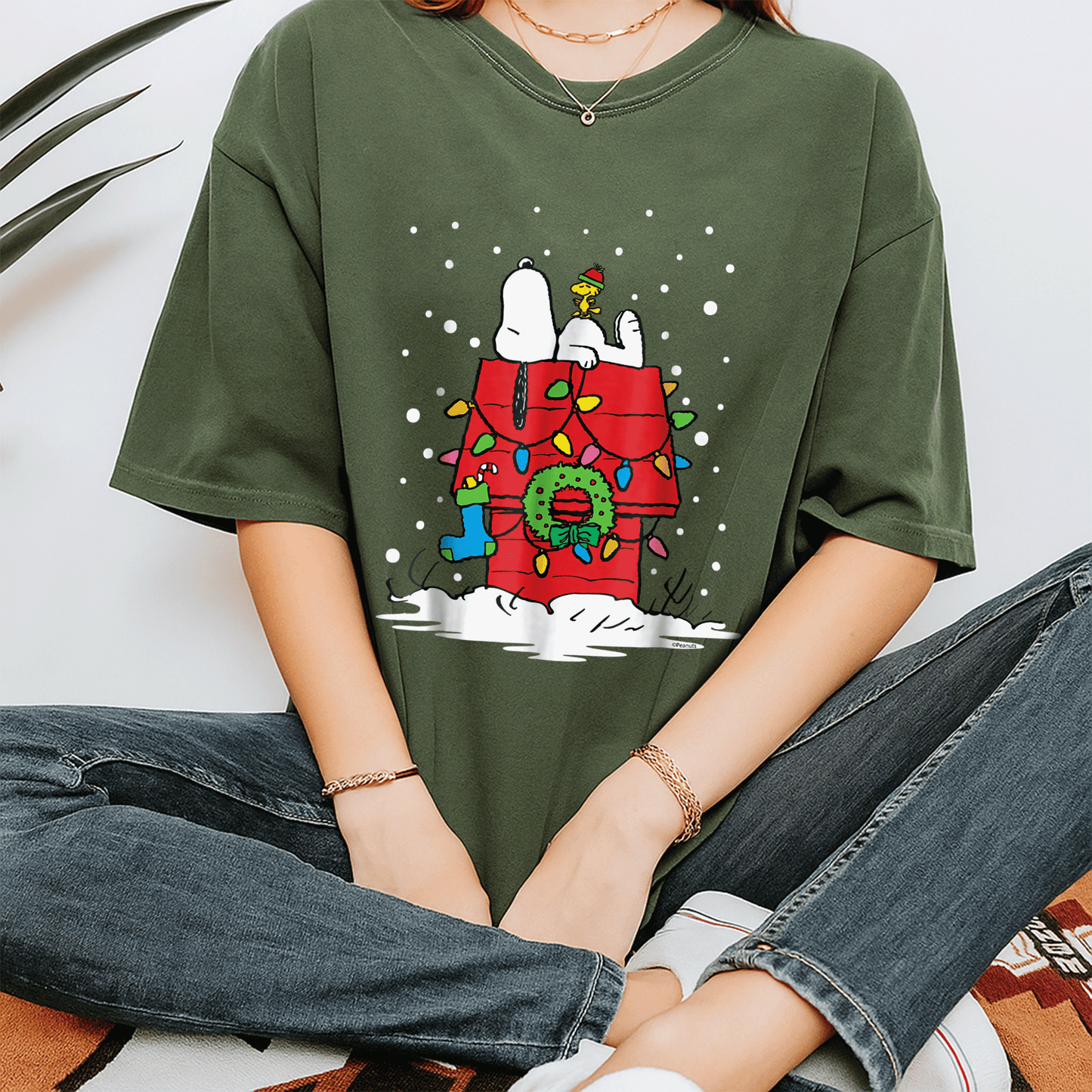 Light Up Peanuts Snoopy and Woodstock Stocking T-shirt – Perfect Holiday Tee for Fun and Festive Celebrations - 7