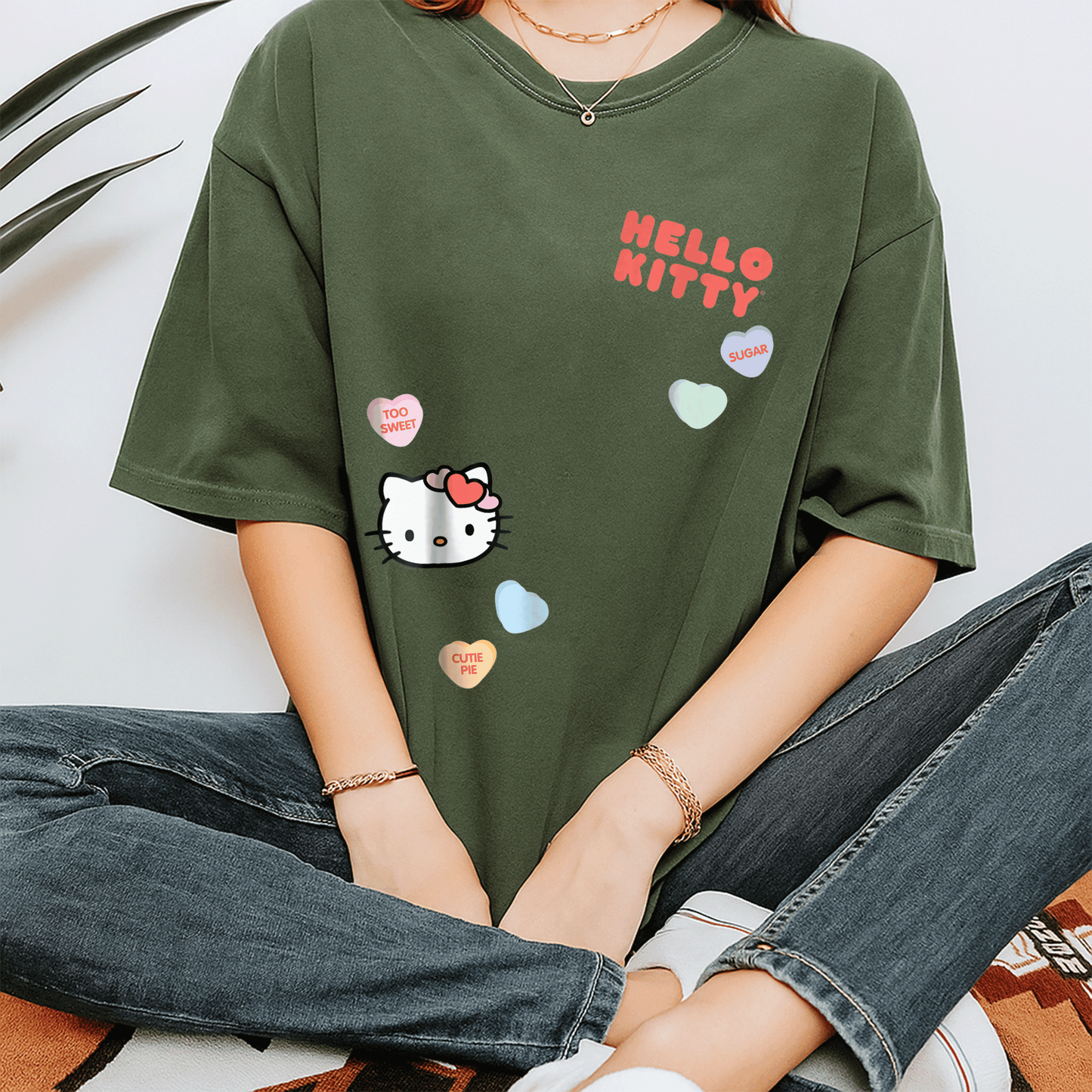 Cute Hello Kitty Candy Hearts Valentine Tee Shirt for Kids and Adults, Adorable Love-Themed Graphic Tee Perfect for Valentine's Day - 7