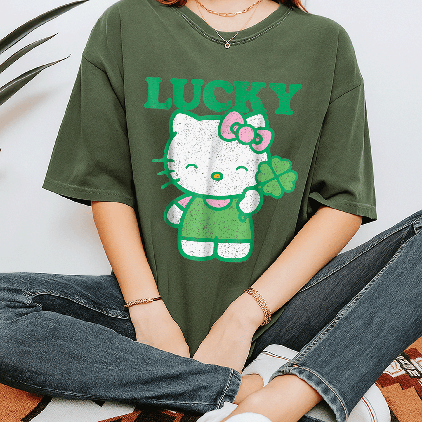 Cute Hello Kitty Lucky Clover Tee Shirt - Adorable Design Featuring Lucky Clover and Hello Kitty for Kids and Adults - 7