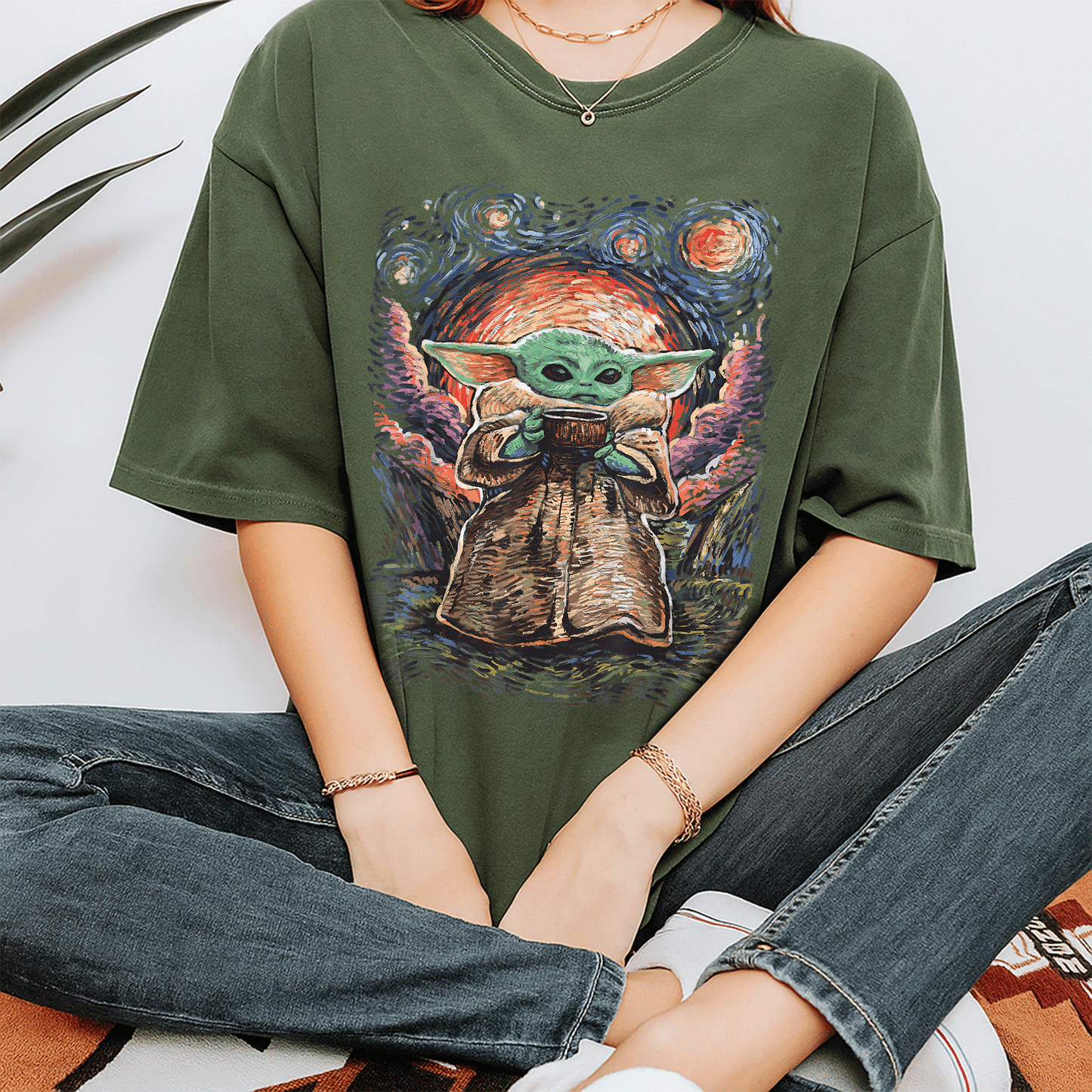 Star Wars The Child Starry Night T-Shirt featuring adorable Baby Yoda design for fans of all ages in soft, comfortable fabric - 7