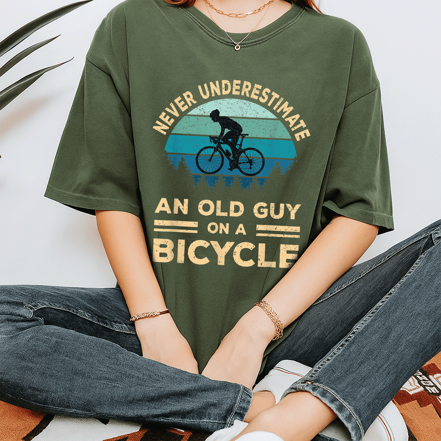 Funny Biker Dad T-Shirt Never Underestimate An Old Guy On A Bicycle Humorous Cycling Gift for Dads and Grandpas - 7