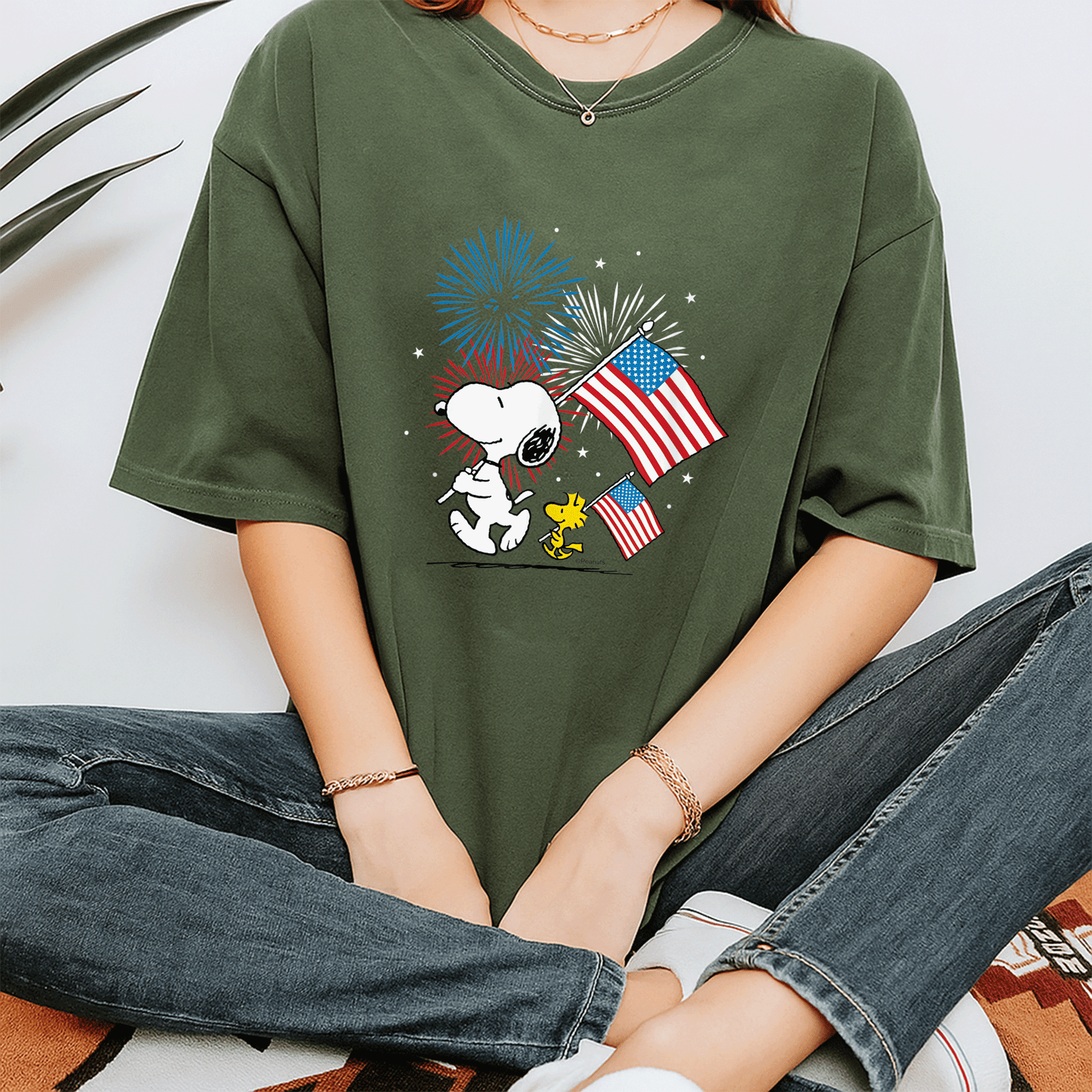 Snoopy and Woodstock American Flags T-Shirt - Fun Peanuts Graphic Tee for Casual Style and Fans of All Ages - 7