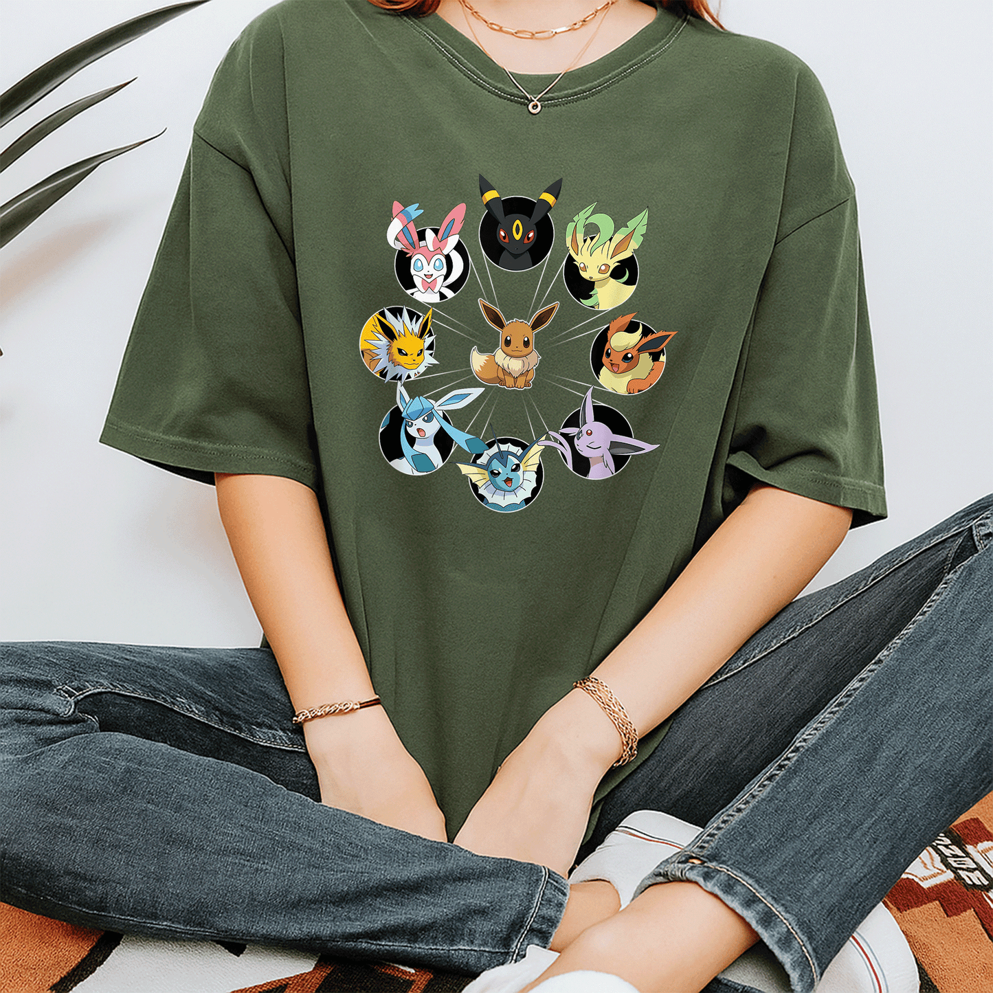 Eevee Evolution Circle T-Shirt for Pokémon Fans, Cute and Colorful Graphic Tee Featuring Eevee and Its Evolutions - 7