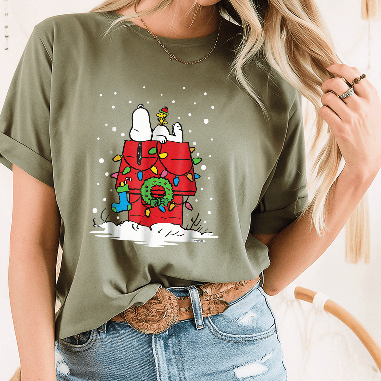 Light Up Peanuts Snoopy and Woodstock Stocking T-shirt – Perfect Holiday Tee for Fun and Festive Celebrations - 8