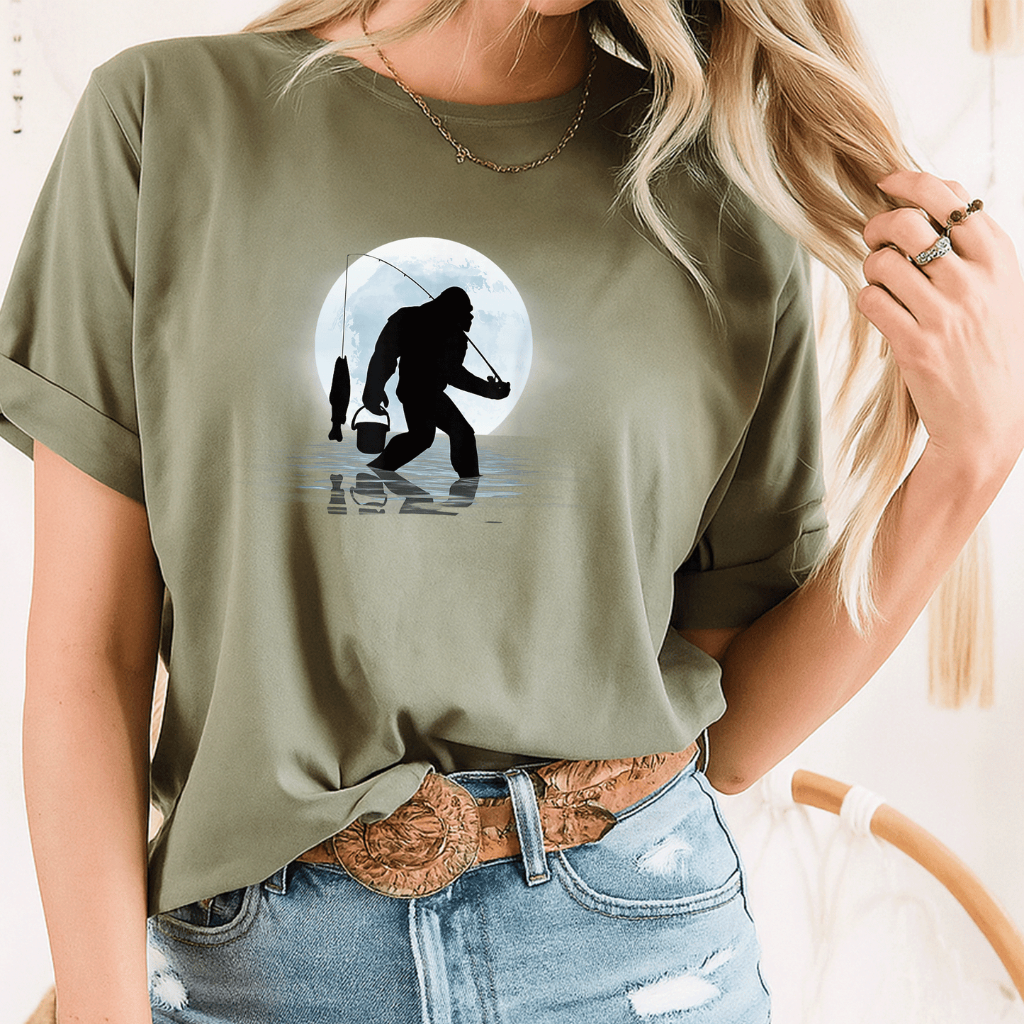 Funny Bigfoot Fishing Shirt for Night Fishing Lovers, Featuring Sasquatch and Fish - Great Gift for Anglers and Nature Fans! - 8