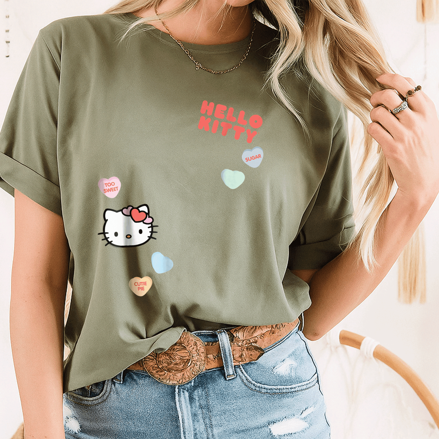 Cute Hello Kitty Candy Hearts Valentine Tee Shirt for Kids and Adults, Adorable Love-Themed Graphic Tee Perfect for Valentine's Day - 8