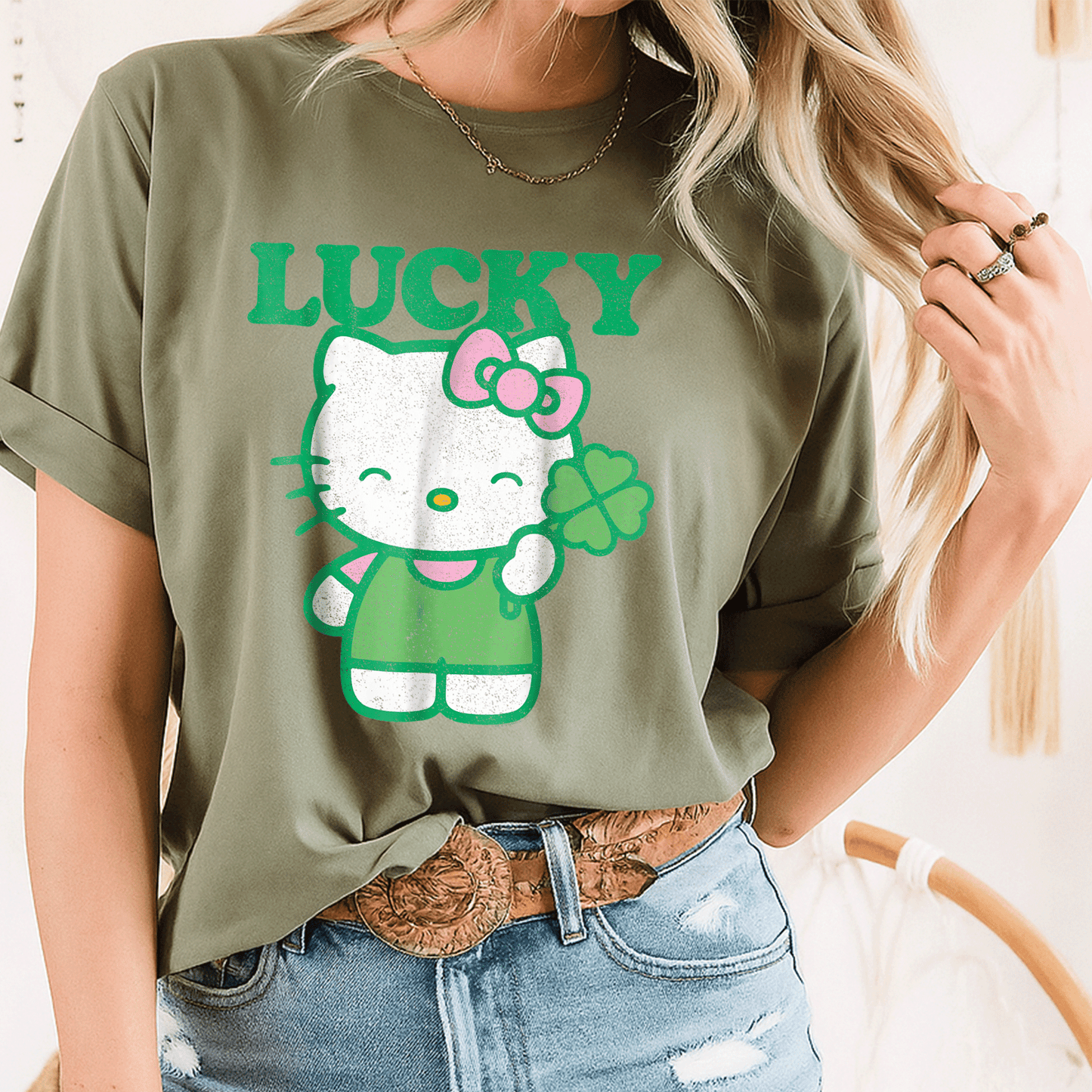 Cute Hello Kitty Lucky Clover Tee Shirt - Adorable Design Featuring Lucky Clover and Hello Kitty for Kids and Adults - 8