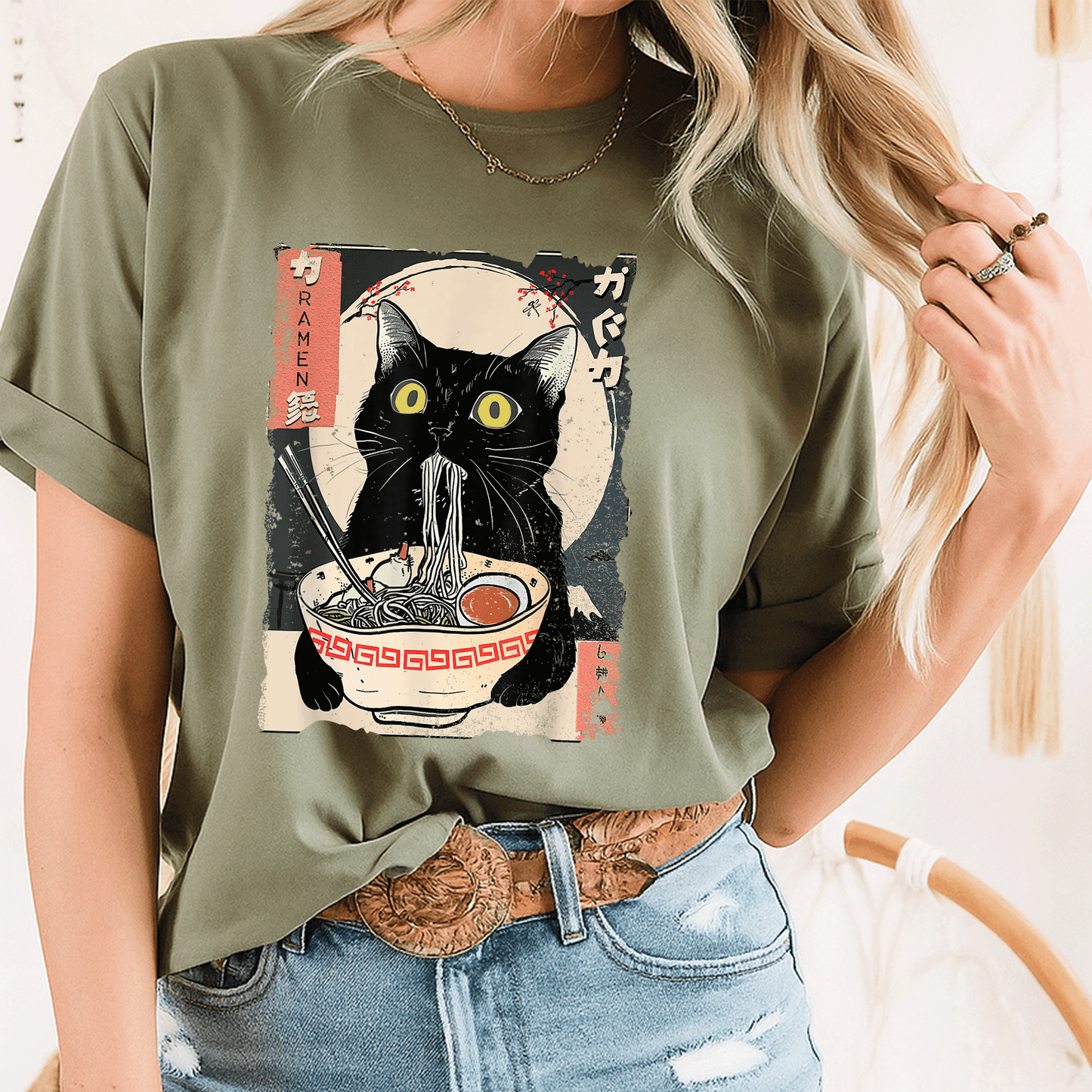 Cute Kawaii Cat Eating Ramen Noodles T-Shirt for Girls and Teens - Funny Anime Gift for Cat Lovers and Anime Fans - 8