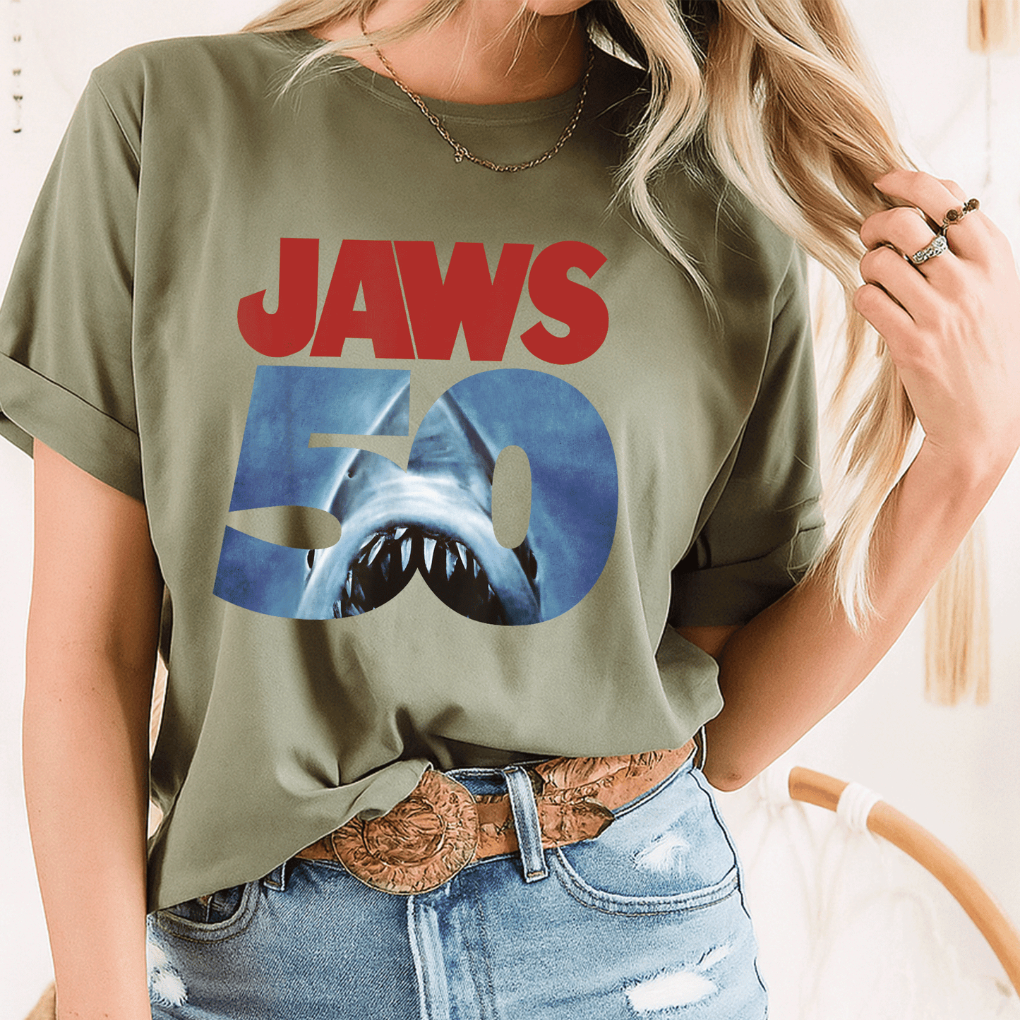 Celebrate 50 Years of Jaws with Our Exclusive Front and Back T-Shirt Featuring Iconic Anniversary Logo Design - 8