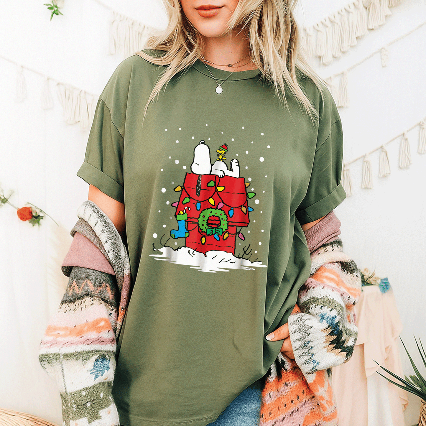 Light Up Peanuts Snoopy and Woodstock Stocking T-shirt – Perfect Holiday Tee for Fun and Festive Celebrations - 9