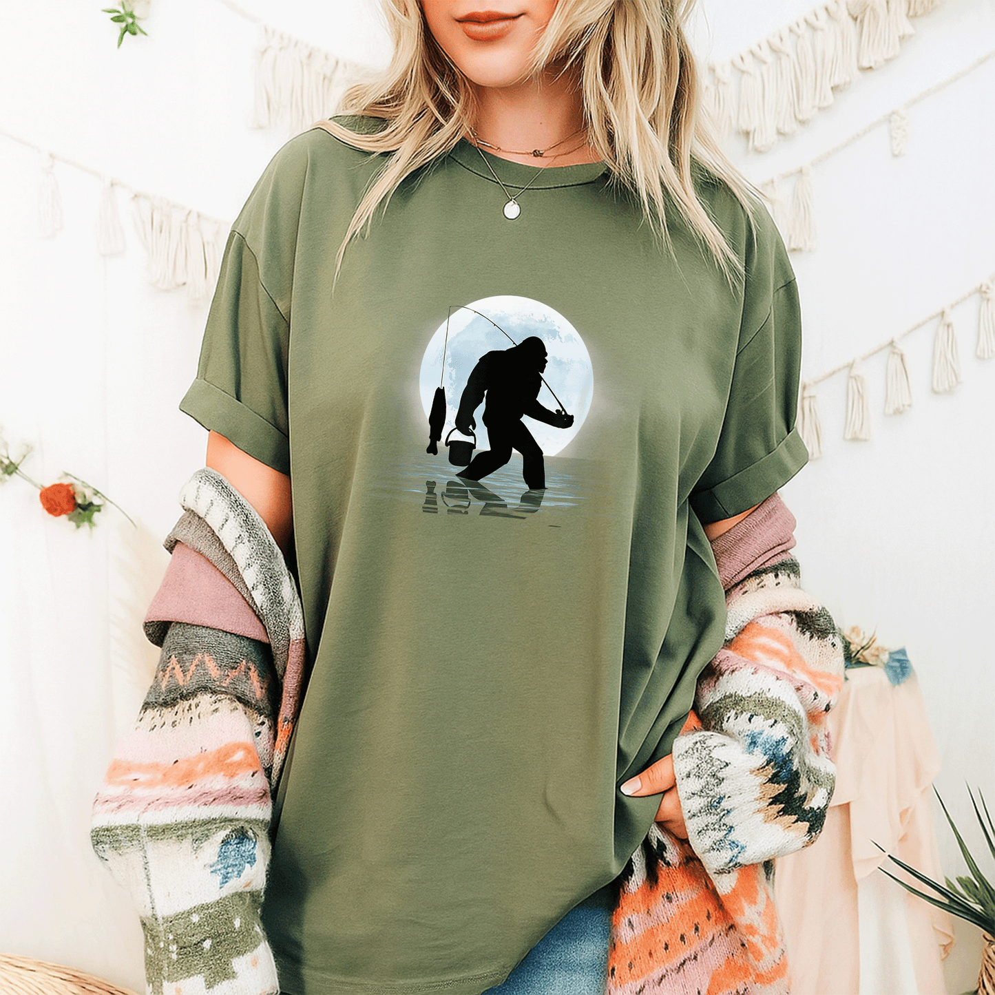 Funny Bigfoot Fishing Shirt for Night Fishing Lovers, Featuring Sasquatch and Fish - Great Gift for Anglers and Nature Fans! - 9