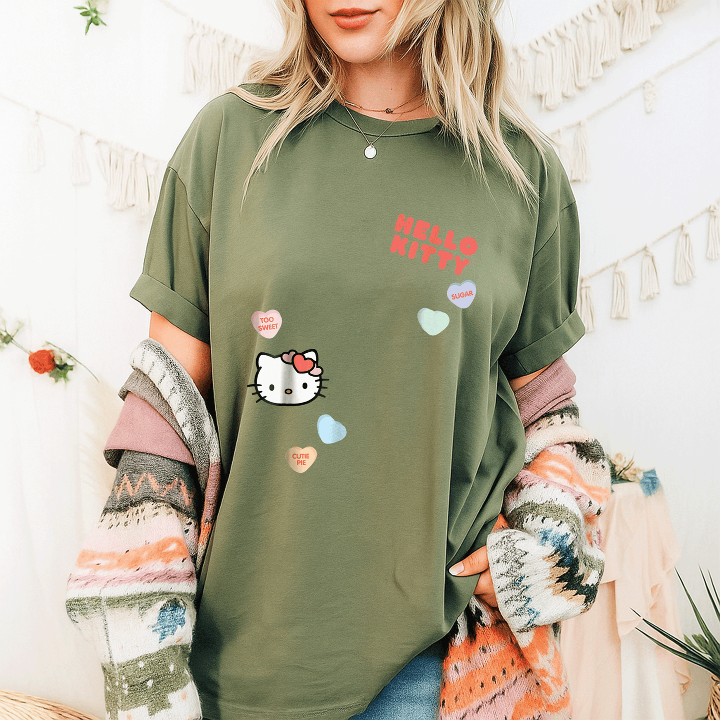Cute Hello Kitty Candy Hearts Valentine Tee Shirt for Kids and Adults, Adorable Love-Themed Graphic Tee Perfect for Valentine's Day - 9