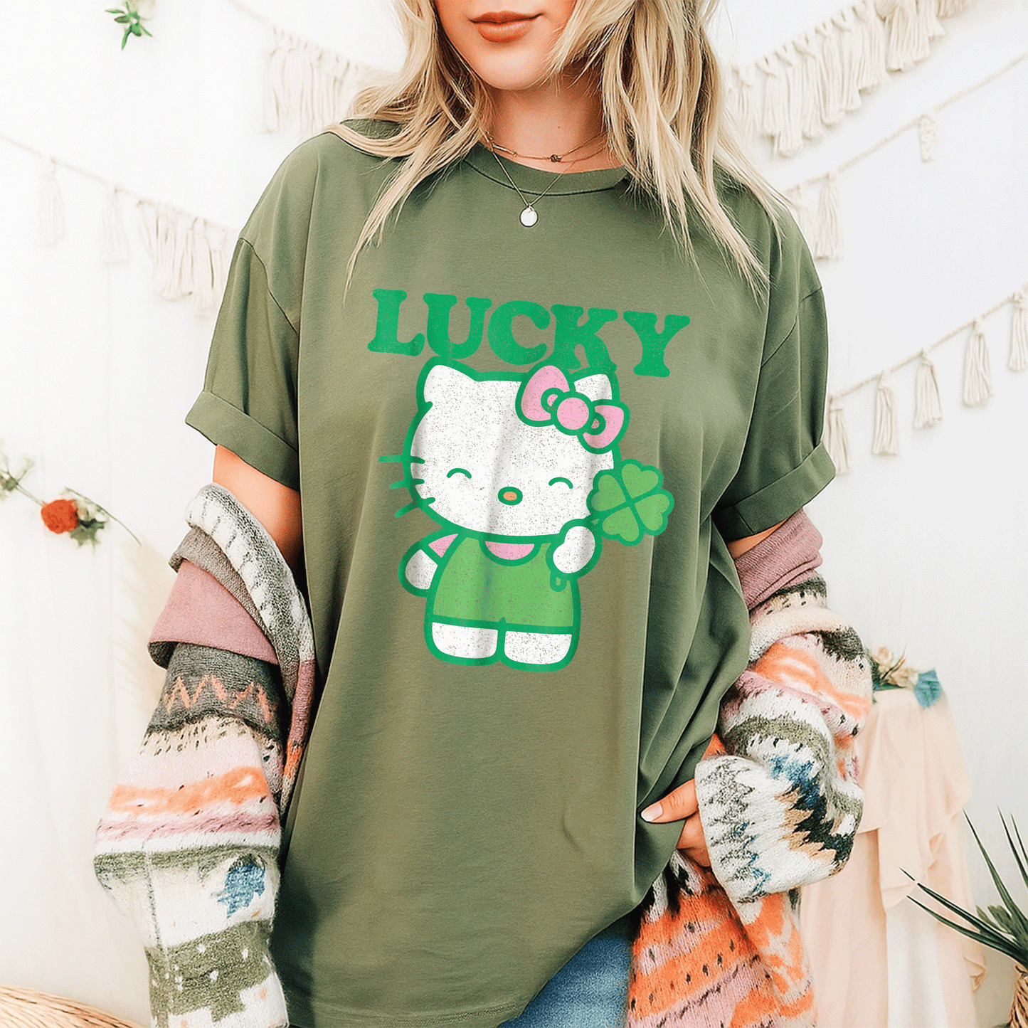 Cute Hello Kitty Lucky Clover Tee Shirt - Adorable Design Featuring Lucky Clover and Hello Kitty for Kids and Adults - 9