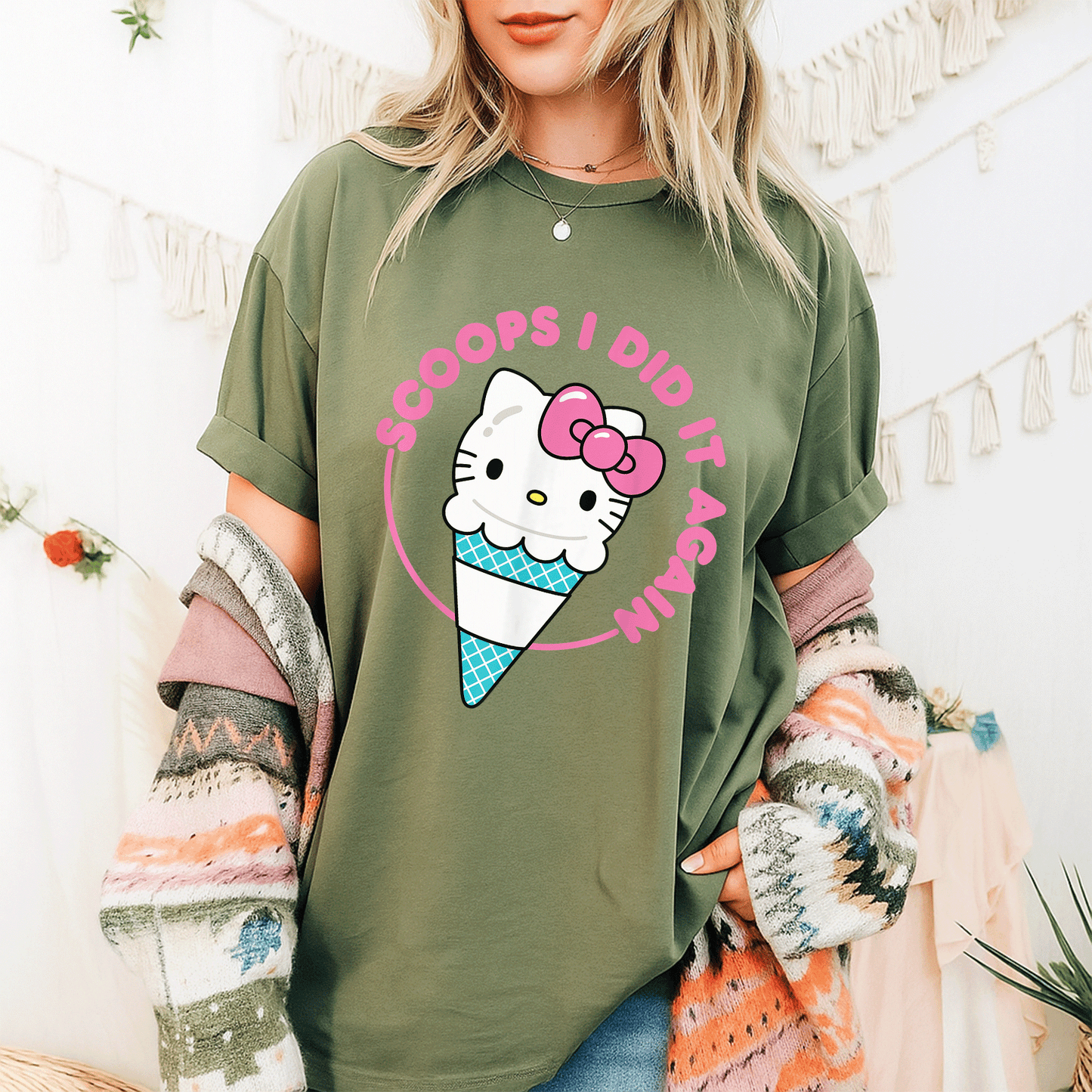 Cute Hello Kitty Ice Cream Cone Scoops I Did It Again T-Shirt for Kids and Adults - Sweet and Stylish Summer Fashion - 9