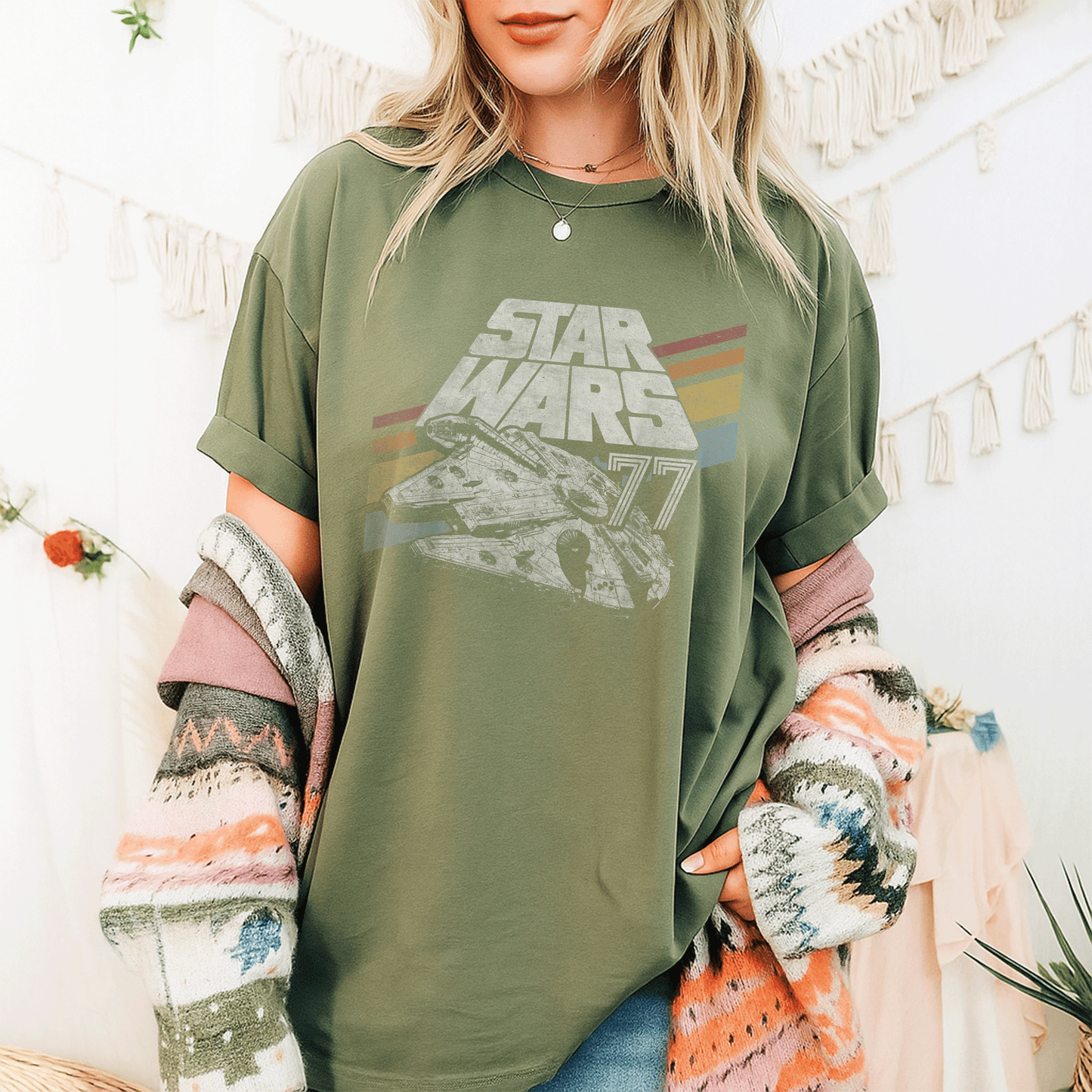 Retro Star Wars Millennium Falcon 77 T-Shirt with Stylish Diagonal Stripes – Perfect for Fans and Collectors! - 9