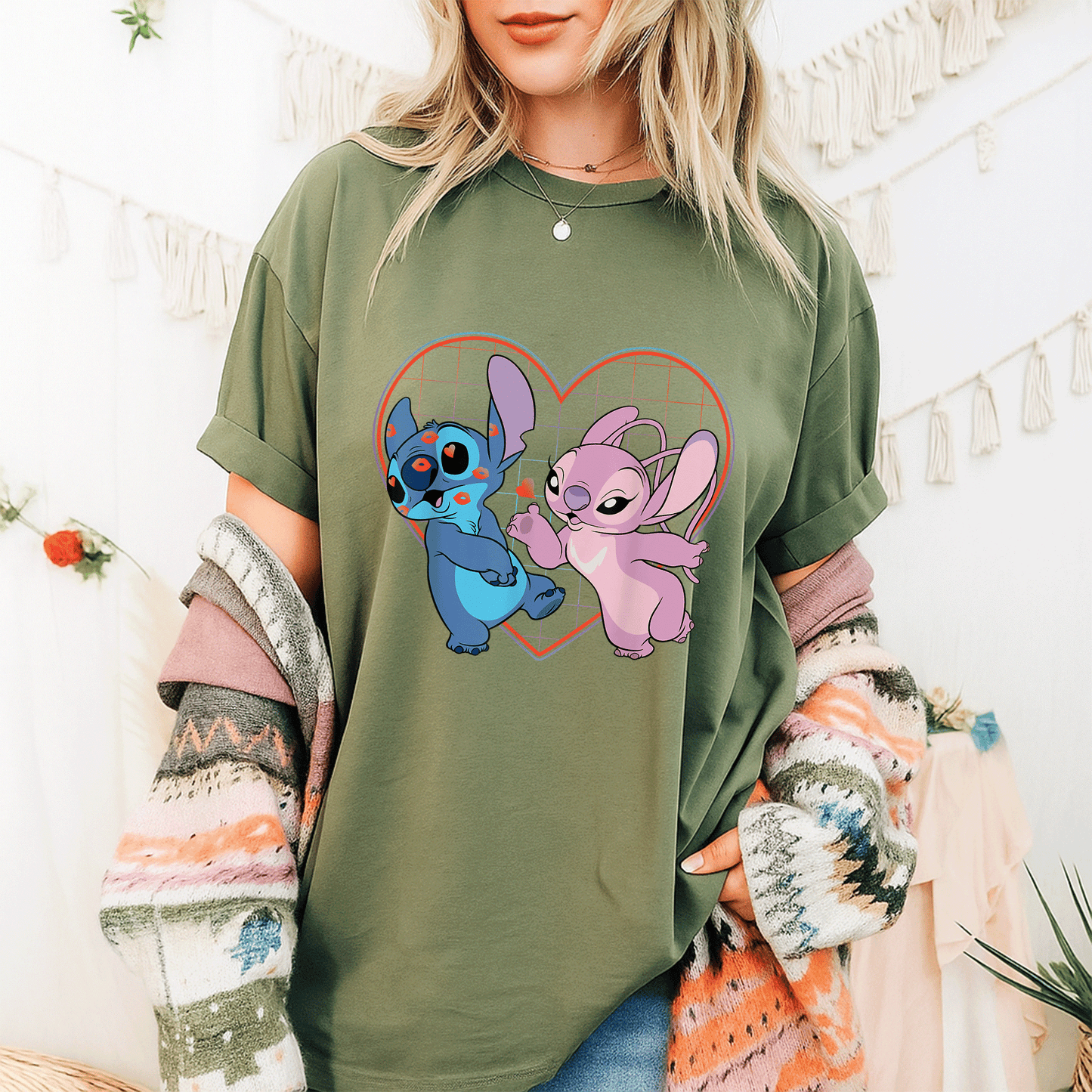Cute Disney Lilo and Stitch Angel Heart Kisses T-Shirt for Fans of Cozy Style and Adorable Character Designs - 9