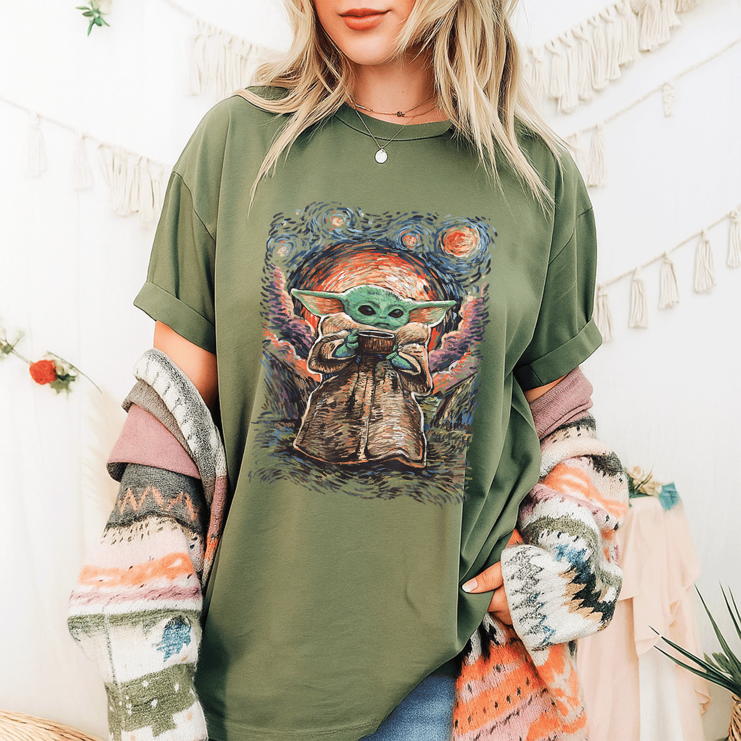 Star Wars The Child Starry Night T-Shirt featuring adorable Baby Yoda design for fans of all ages in soft, comfortable fabric - 9
