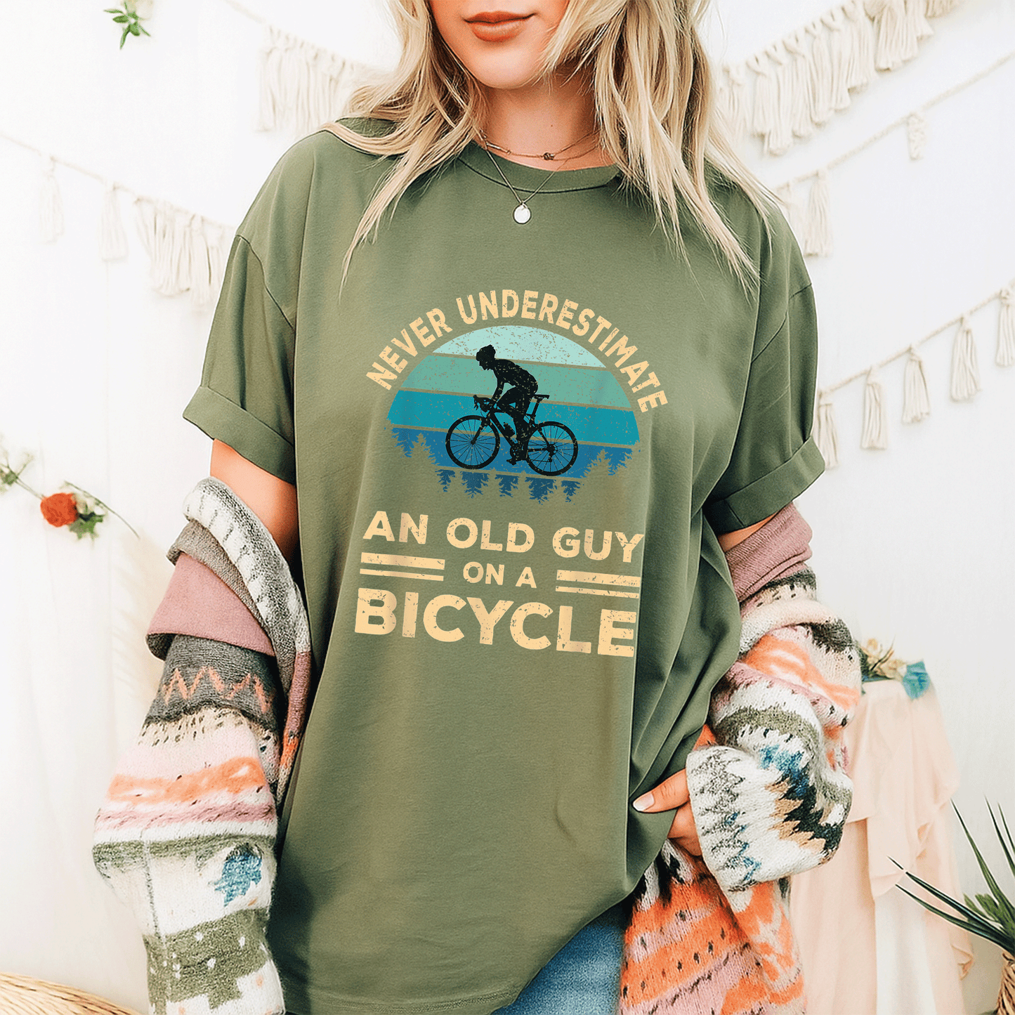 Funny Biker Dad T-Shirt Never Underestimate An Old Guy On A Bicycle Humorous Cycling Gift for Dads and Grandpas - 9