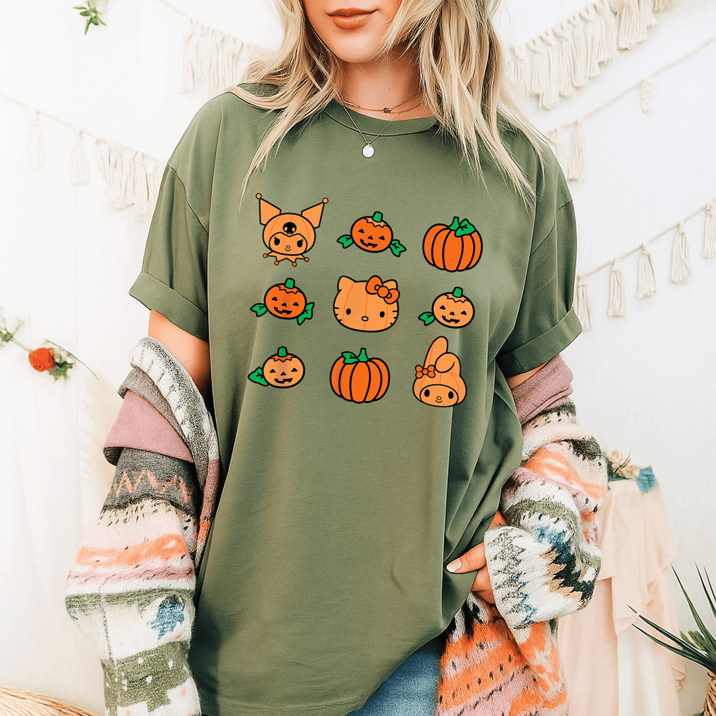 Cute Hello Kitty My Melody Kuromi Pumpkins Halloween T-Shirt for Kids and Adults - Fun Festive Style for All Celebrations - 9