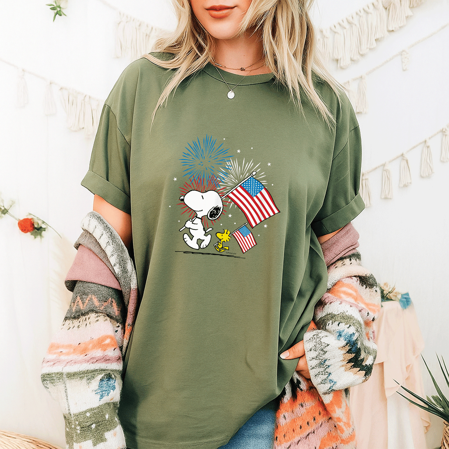 Snoopy and Woodstock American Flags T-Shirt - Fun Peanuts Graphic Tee for Casual Style and Fans of All Ages - 9