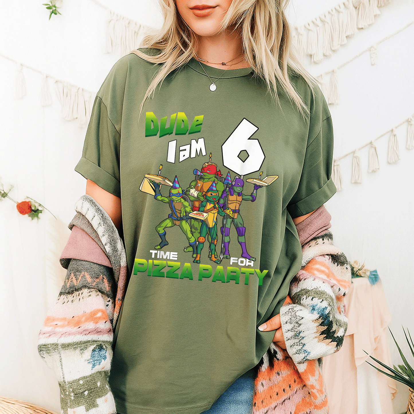 Cool Teenage Mutant Ninja Turtles Birthday T-Shirt for Boys - Dude I am 6 Years Old Pizza Party Style Fun Tee - 9