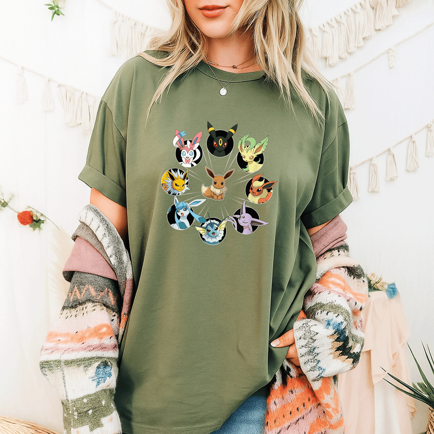Eevee Evolution Circle T-Shirt for Pokémon Fans, Cute and Colorful Graphic Tee Featuring Eevee and Its Evolutions - 9