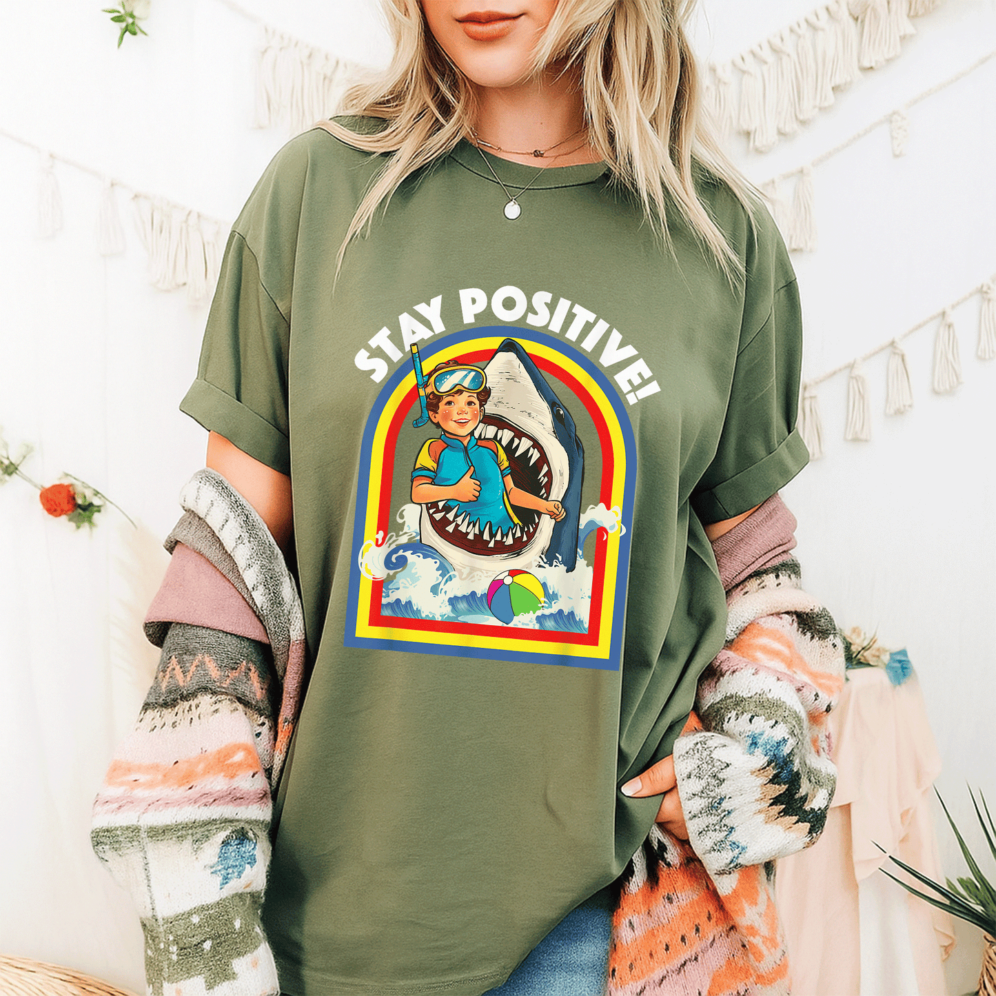 Stay Positive Shark Lover T-Shirt for Ocean and Sea Animal Enthusiasts, Perfect Gift for Wildlife Lovers - 9