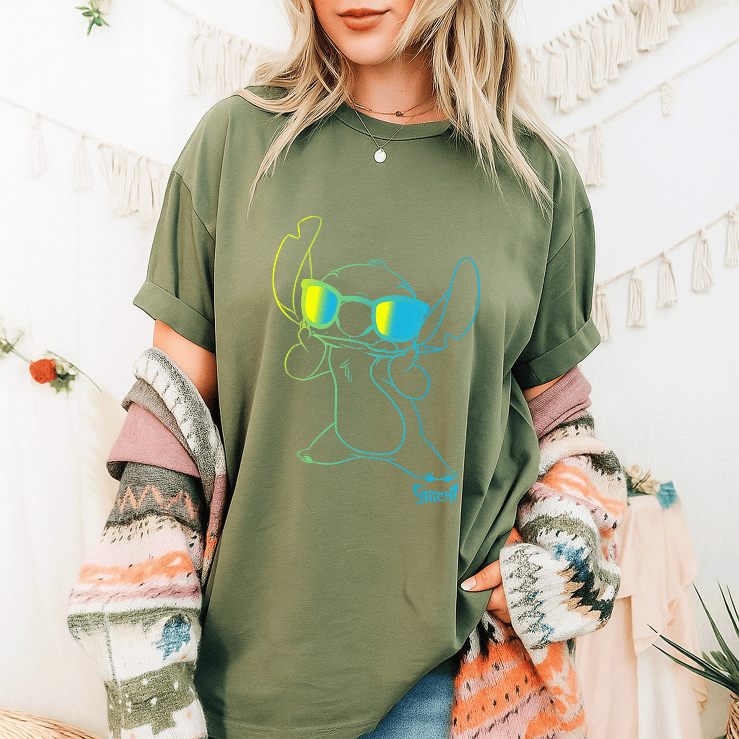 Cool Lilo & Stitch Neon Outline T-Shirt Featuring Stitch Chest Portrait - Perfect for Disney Fans and Casual Wear! - 9