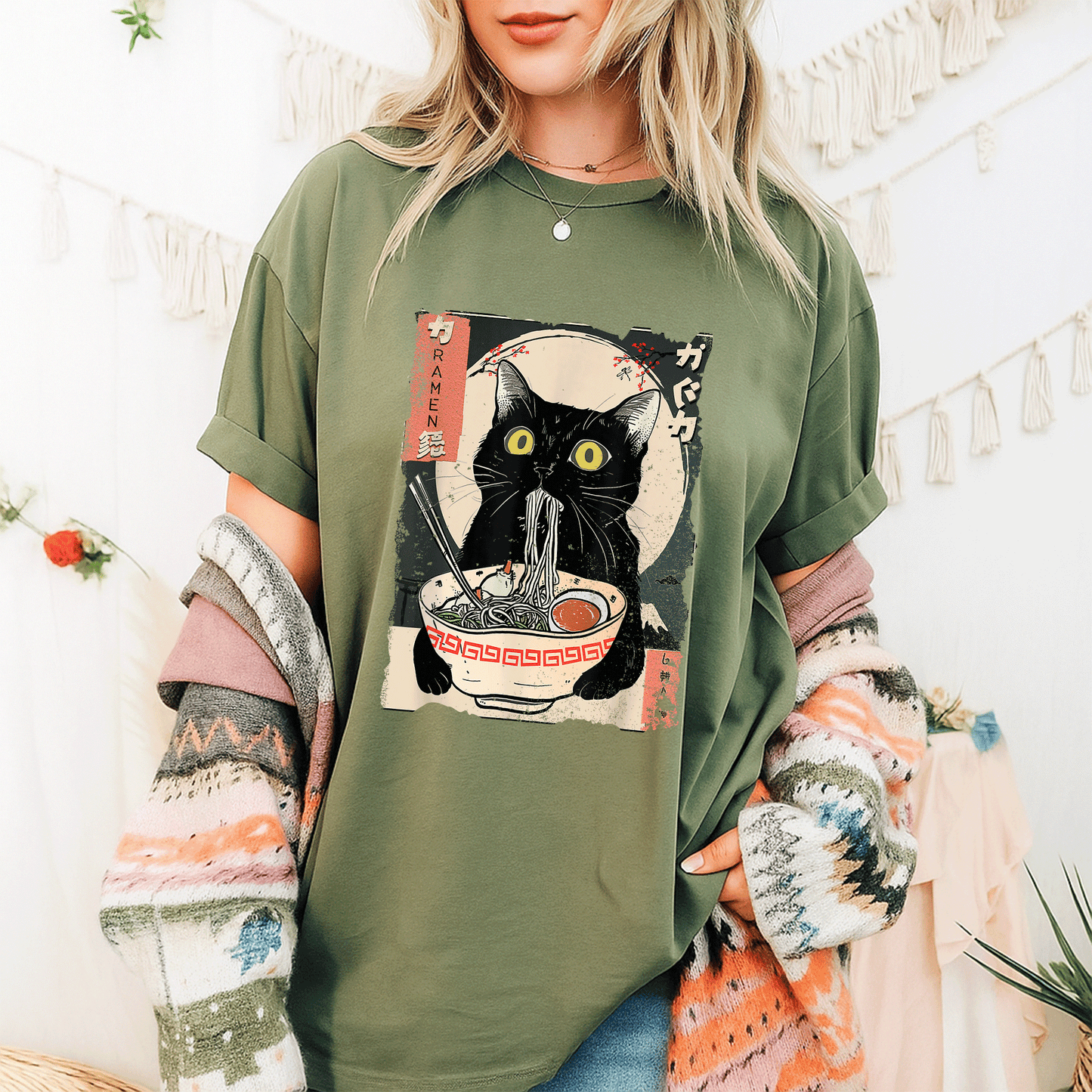 Cute Kawaii Cat Eating Ramen Noodles T-Shirt for Girls and Teens - Funny Anime Gift for Cat Lovers and Anime Fans - 9