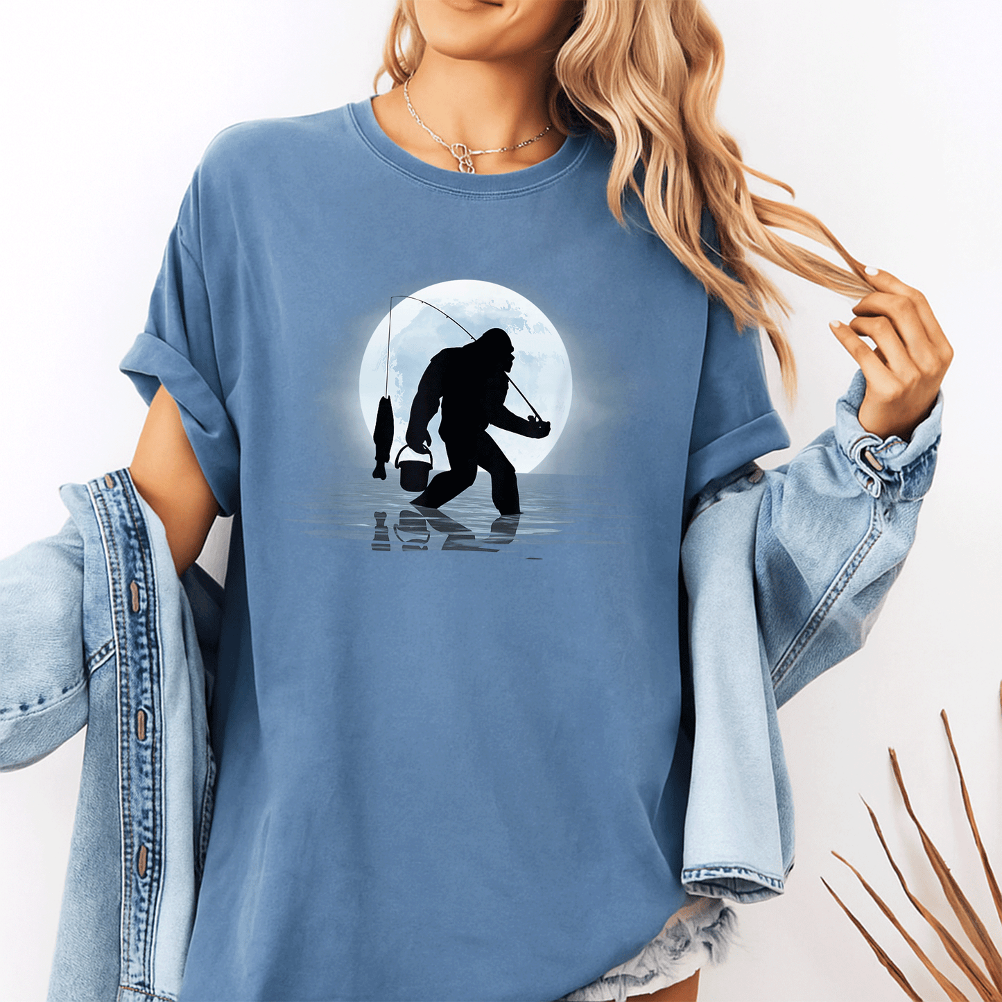 Funny Bigfoot Fishing Shirt for Night Fishing Lovers, Featuring Sasquatch and Fish - Great Gift for Anglers and Nature Fans! - 10