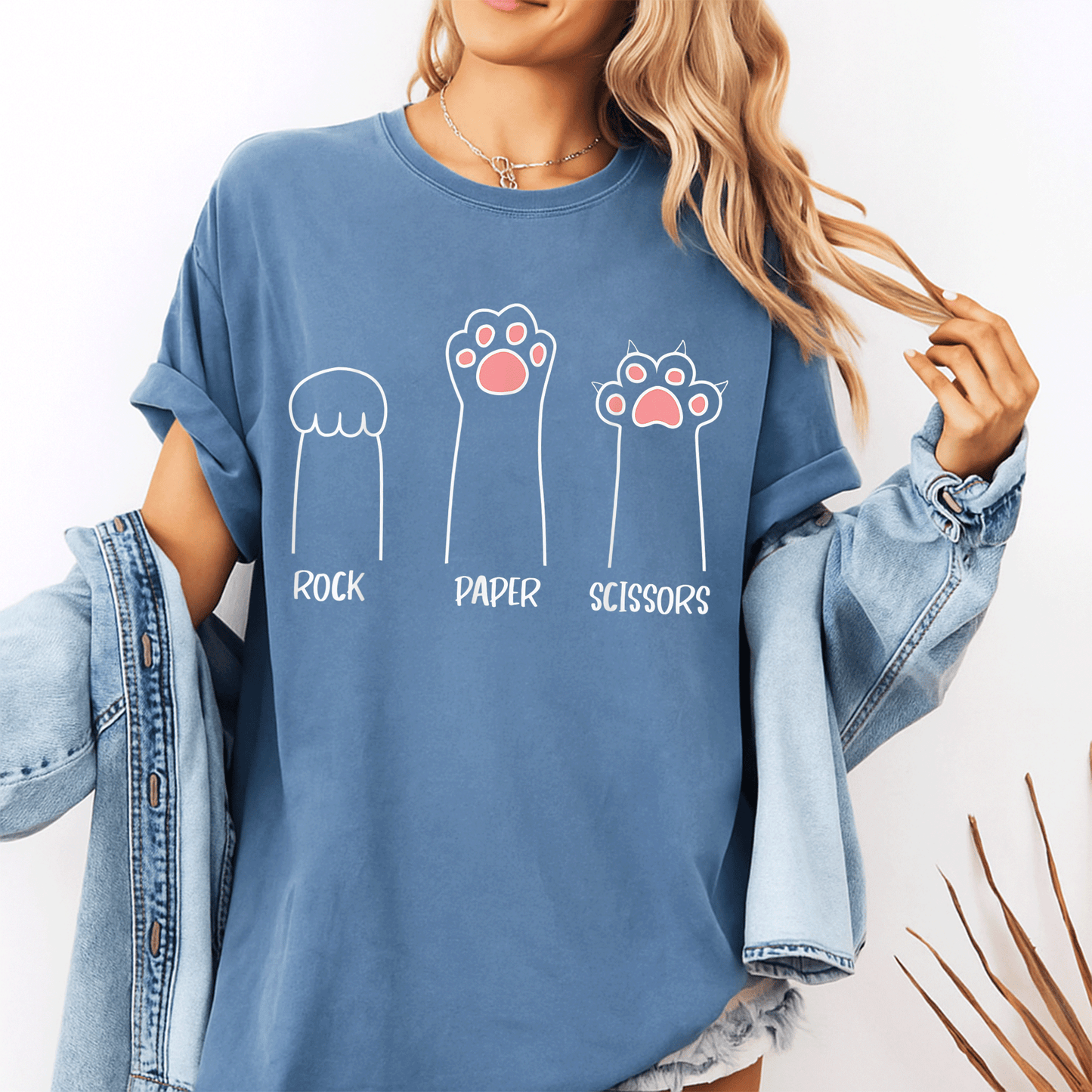 Cute Pink Paw Cat T-Shirt Featuring Rock Paper Scissors Hand Game Design - Fun and Playful Pet Lover Gift - 10