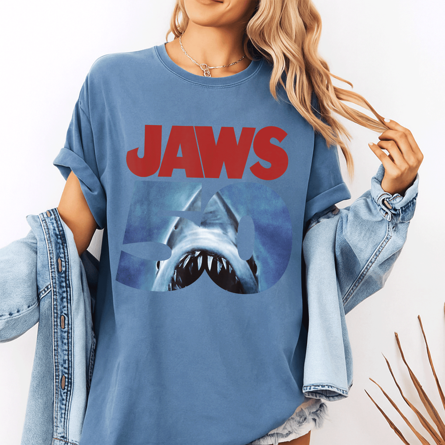 Celebrate 50 Years of Jaws with Our Exclusive Front and Back T-Shirt Featuring Iconic Anniversary Logo Design - 10