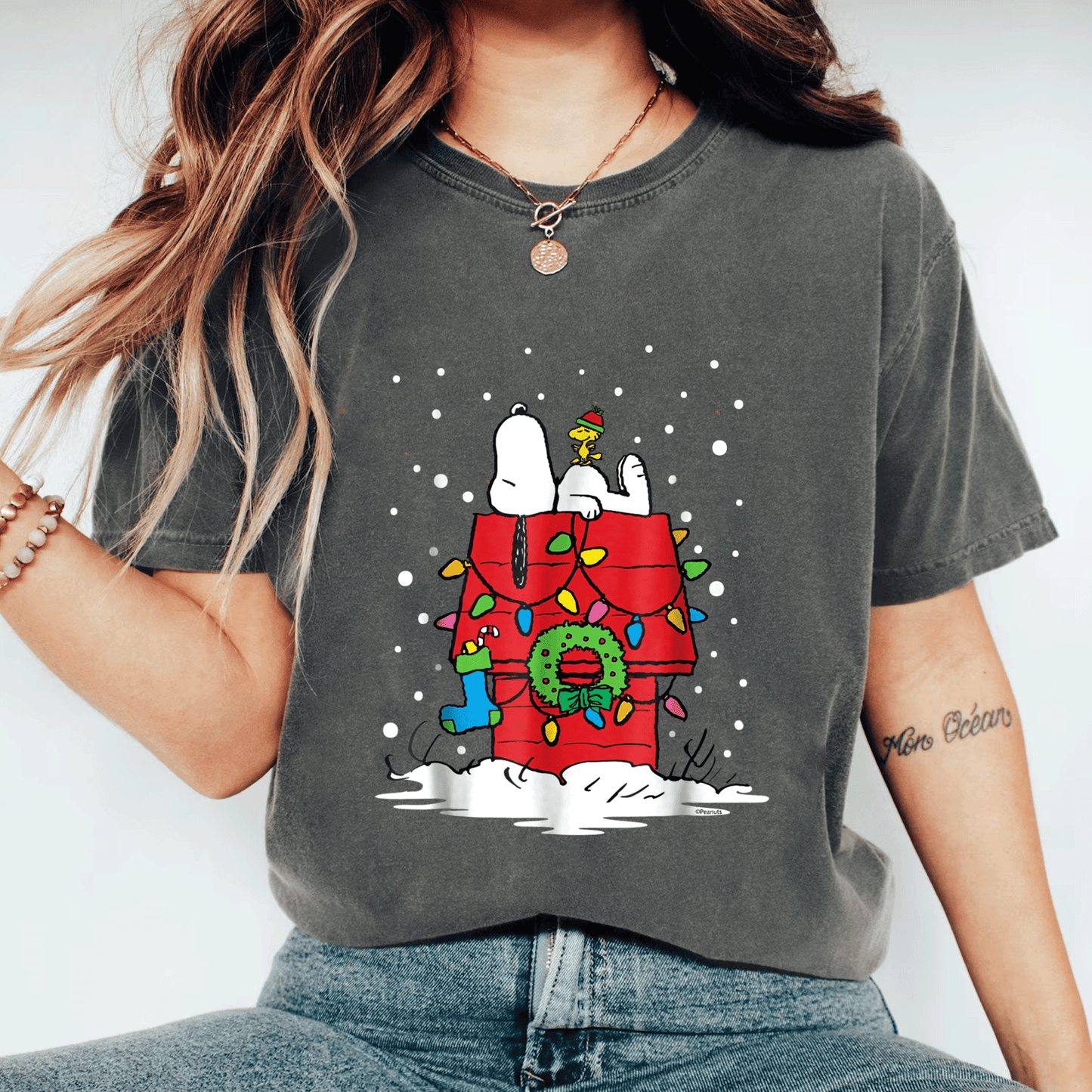 Light Up Peanuts Snoopy and Woodstock Stocking T-shirt – Perfect Holiday Tee for Fun and Festive Celebrations - 11