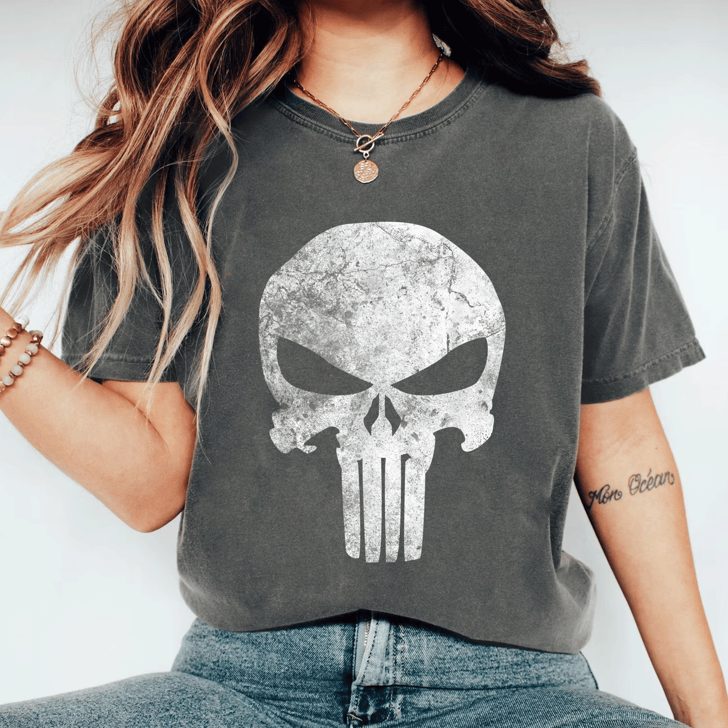 Stylish Marvel Punisher Skull Symbol Distressed Graphic T-Shirt for Fans - Perfect Gift for Comic Book Lovers and Casual Wear - 11
